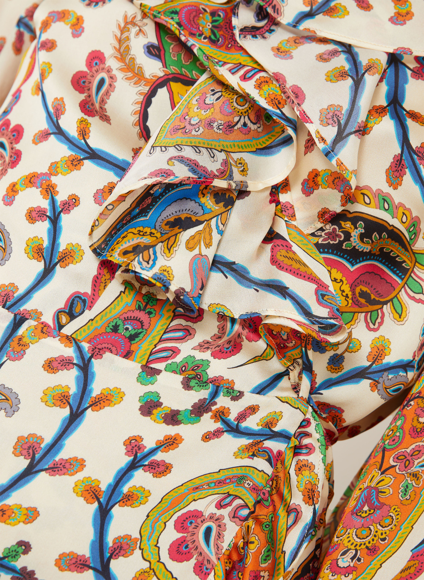ETRO Silk wrap dress with flounces: CREAM / ORANGE / BLUE