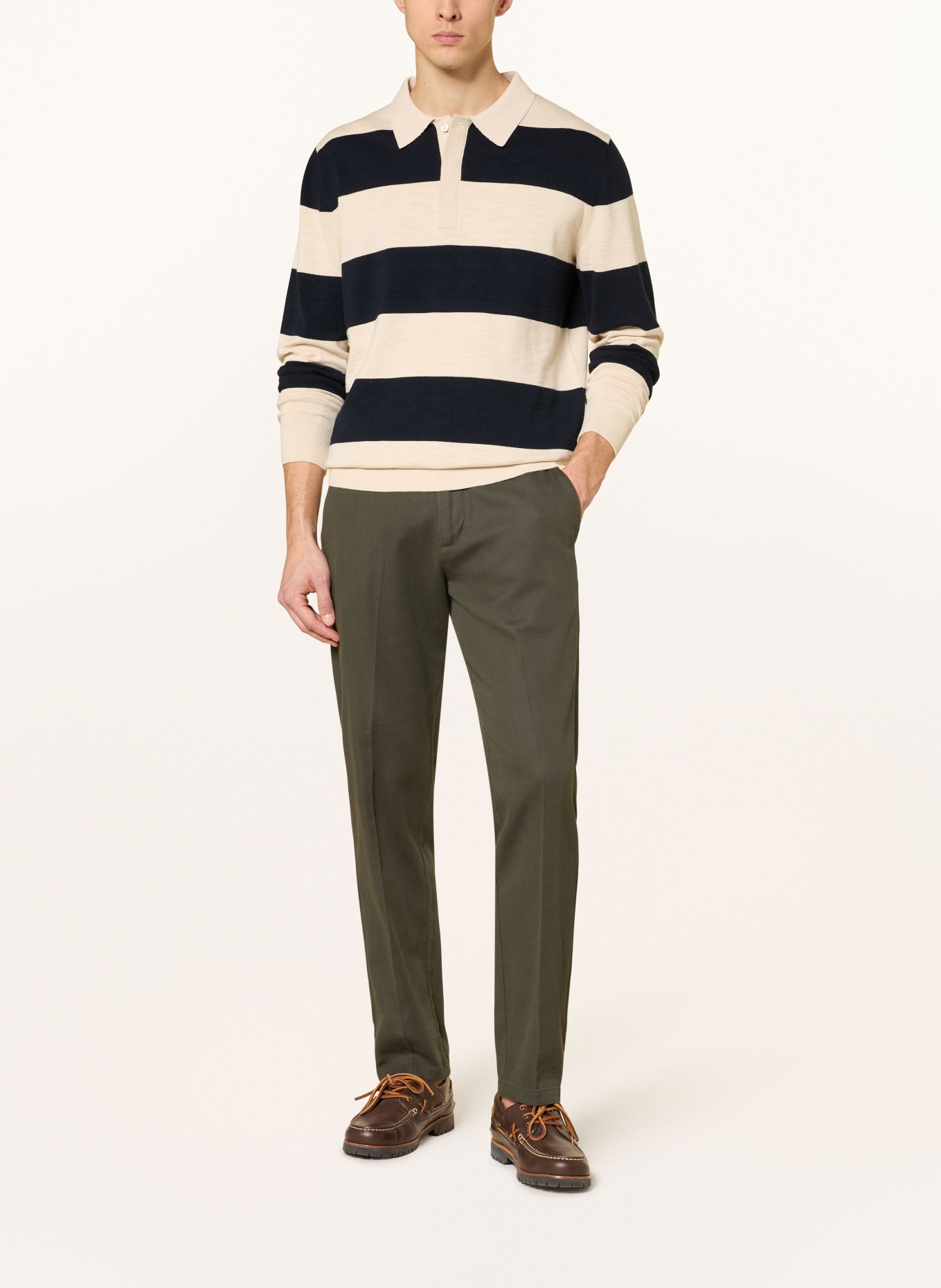 STROKESMAN'S Strick-Rugbyshirt: BEIGE / DUNKELBLAU