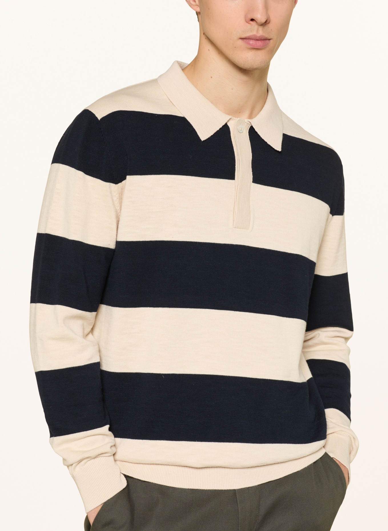 STROKESMAN'S Strick-Rugbyshirt: BEIGE / DUNKELBLAU