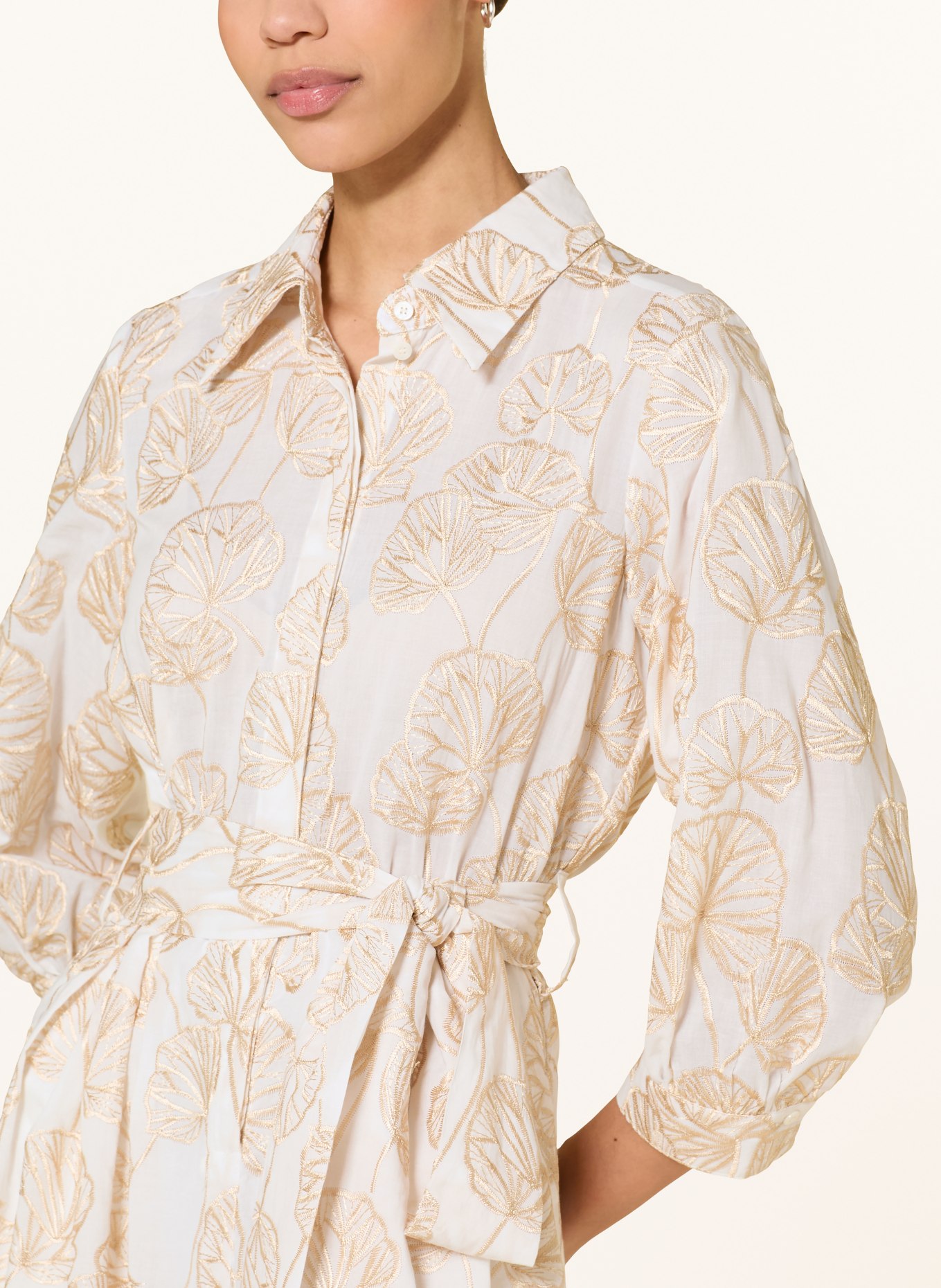 LUISA CERANO Robe chemise à manches 3/4 et fil pailleté: CRÈME / OR