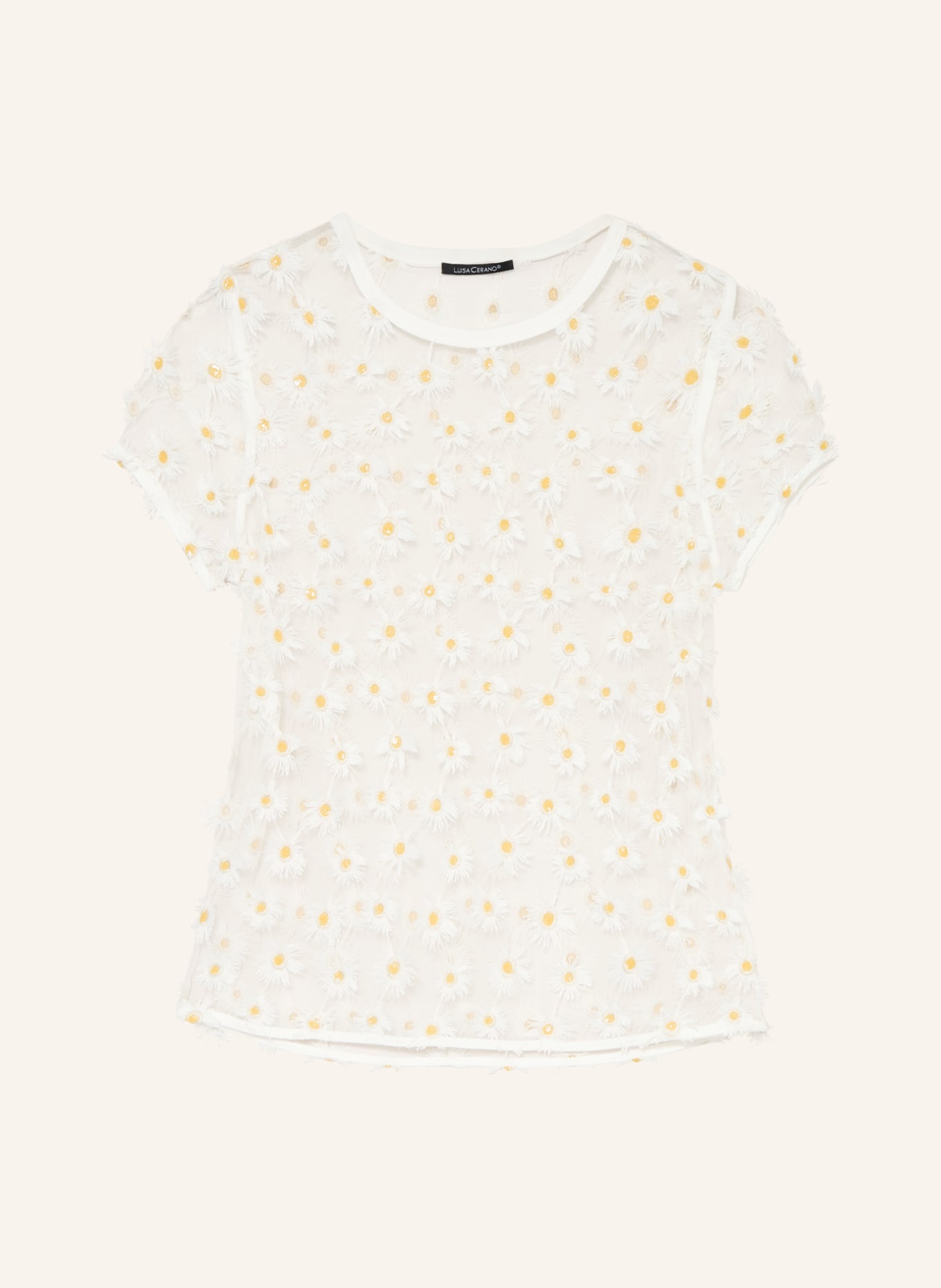 LUISA CERANO T-shirt van mesh met pailletten: WIT / GOUD / GEEL