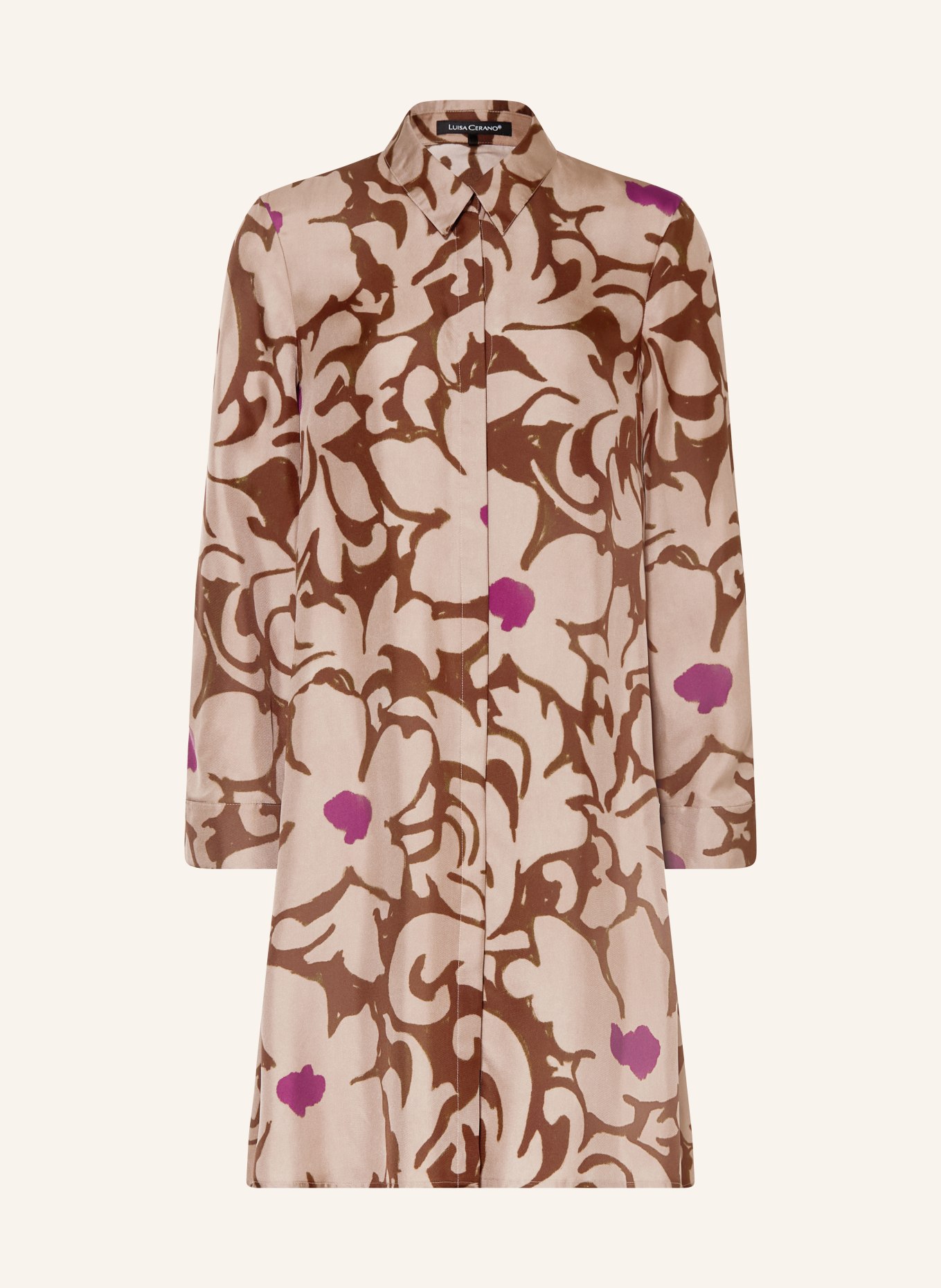 LUISA CERANO Silk shirt dress: LIGHT BROWN / BROWN / PURPLE
