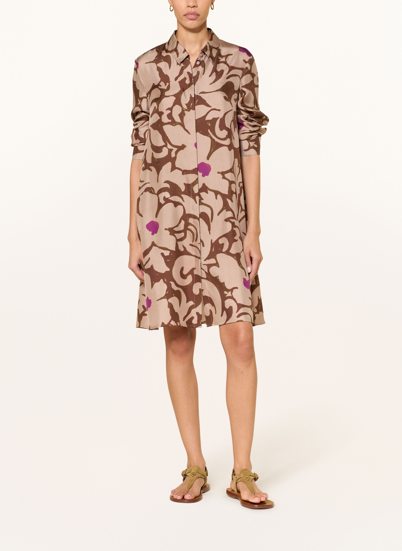 LUISA CERANO Silk shirt dress: LIGHT BROWN / BROWN / PURPLE