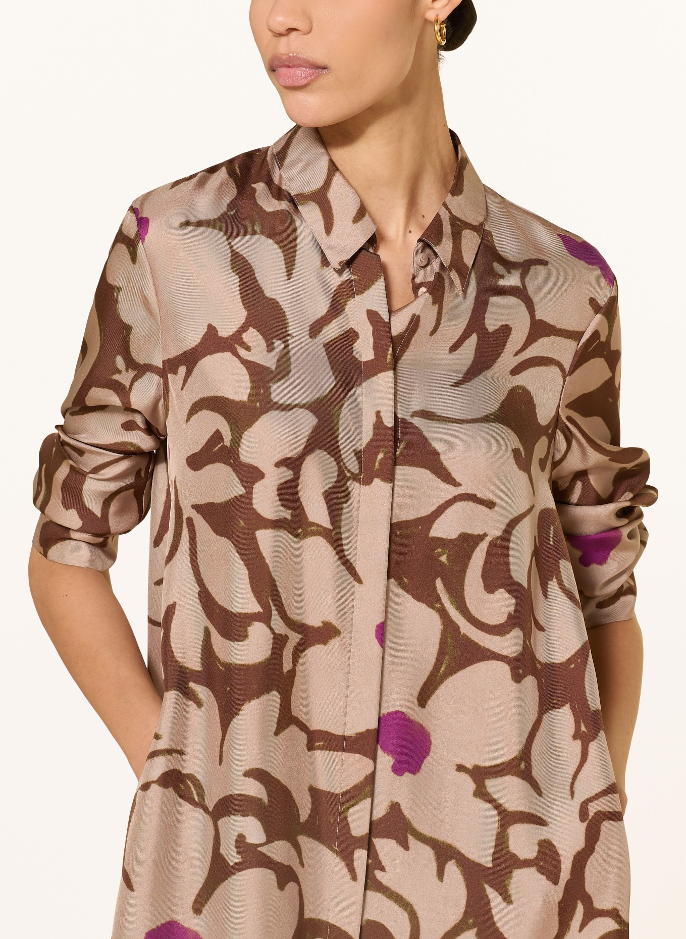 LUISA CERANO Silk shirt dress: LIGHT BROWN / BROWN / PURPLE