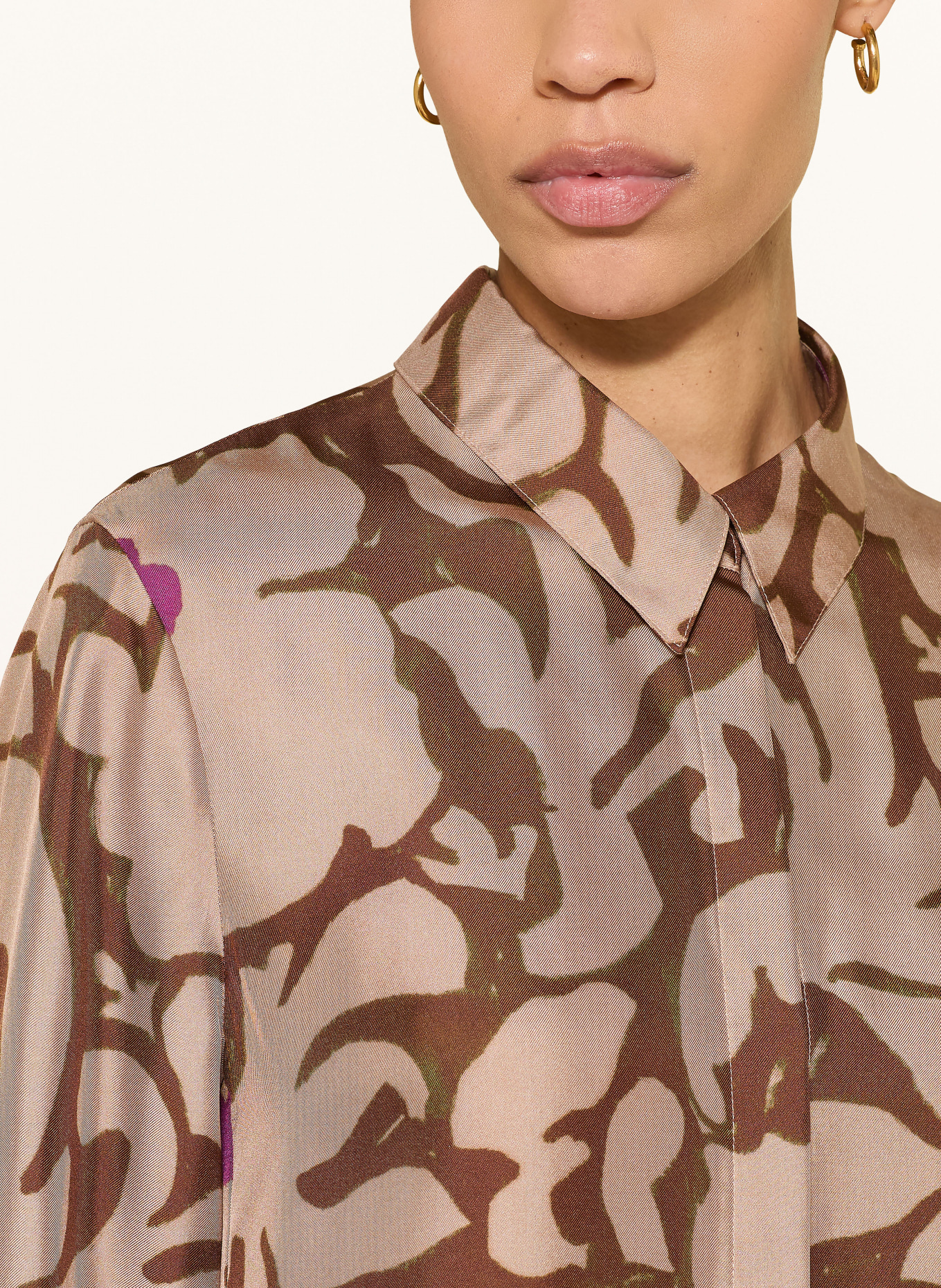 LUISA CERANO Silk shirt dress: LIGHT BROWN / BROWN / PURPLE