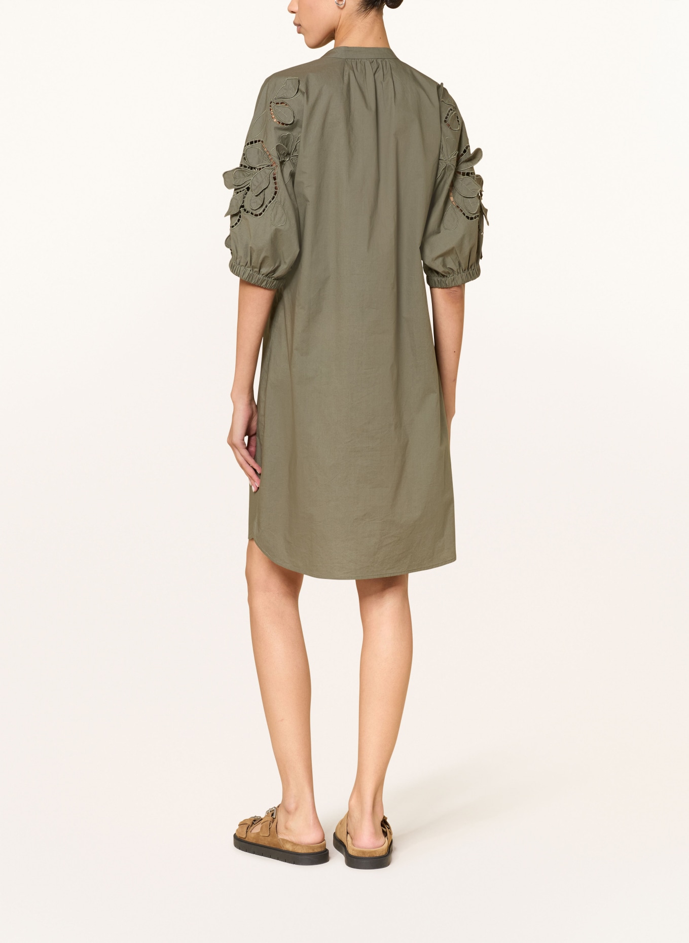 LUISA CERANO Jurk met opengewerkte kant en 3/4-mouwen: KAKI