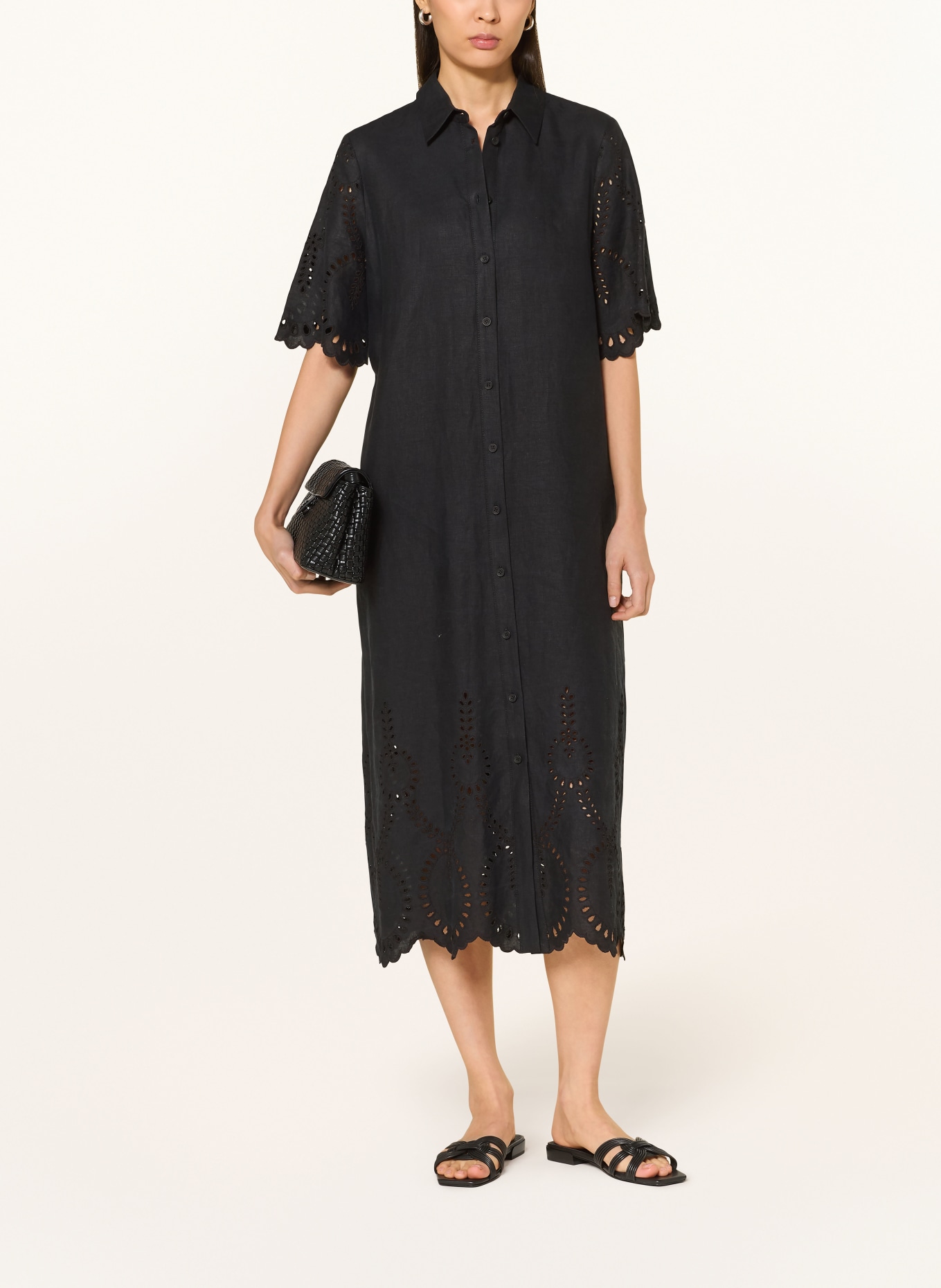 RIANI Linen shirt dress with eyelet lace: BLACK