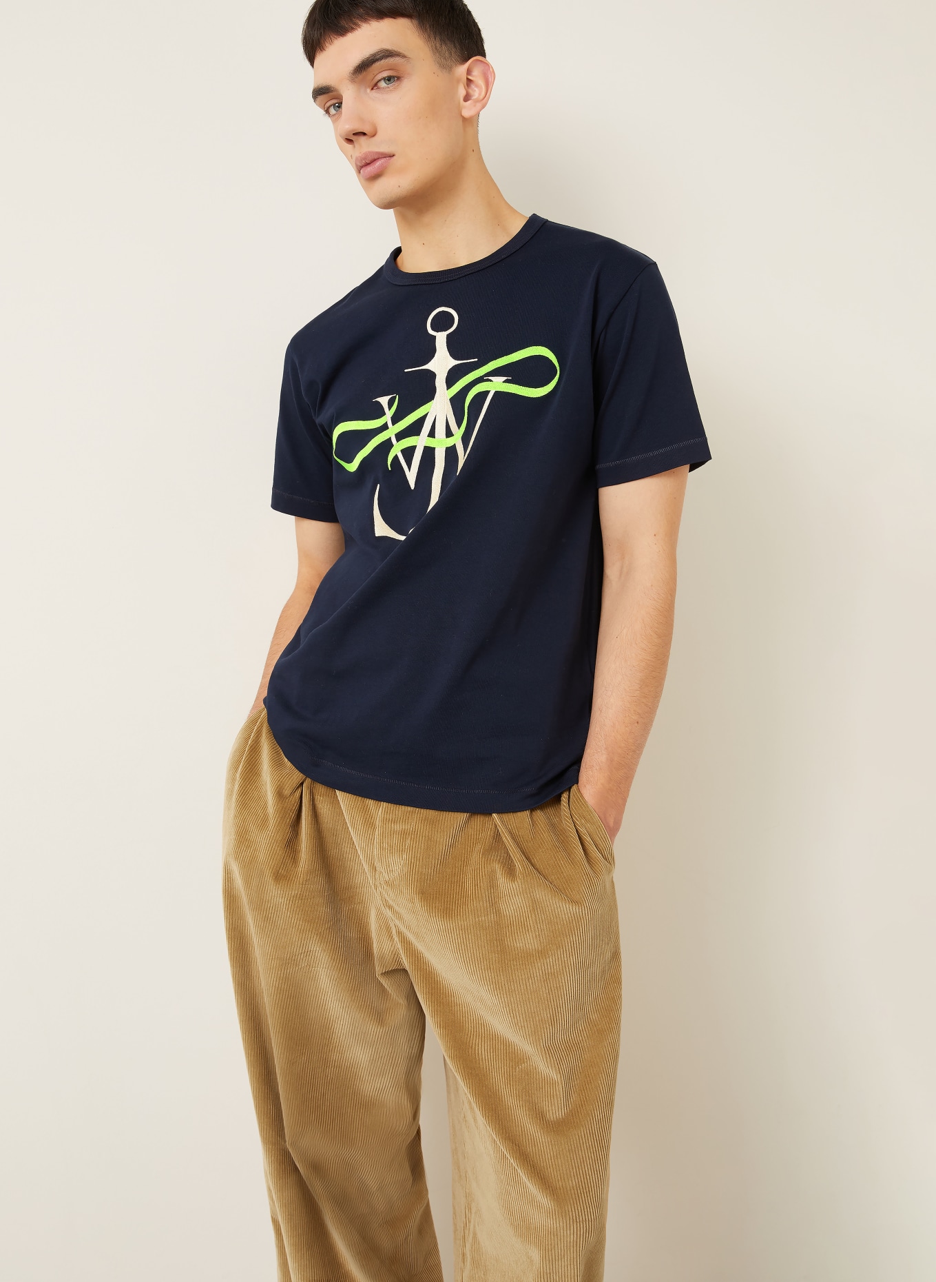 JW ANDERSON tričko: TMAVĚ MODRÁ / BÉŽOVÁ / NEONOVĚ ZELENÁ