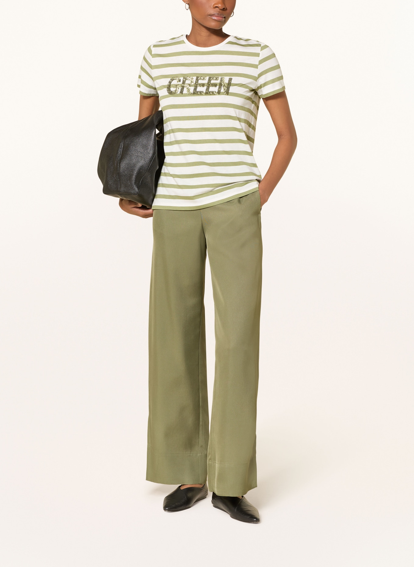 MORE & MORE T-Shirt mit Pailletten: CREME / OLIV