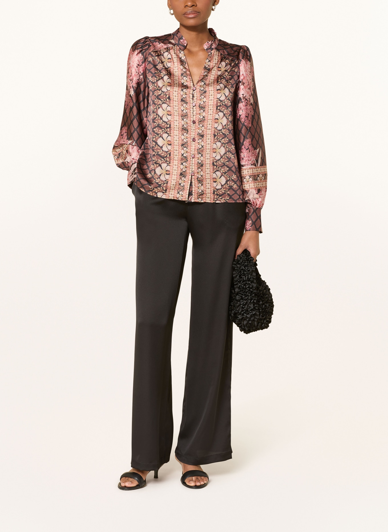 NEO NOIR Satinbluse MASSIMA mit Rüschen: BRAUN / HELLBRAUN / ALTROSA