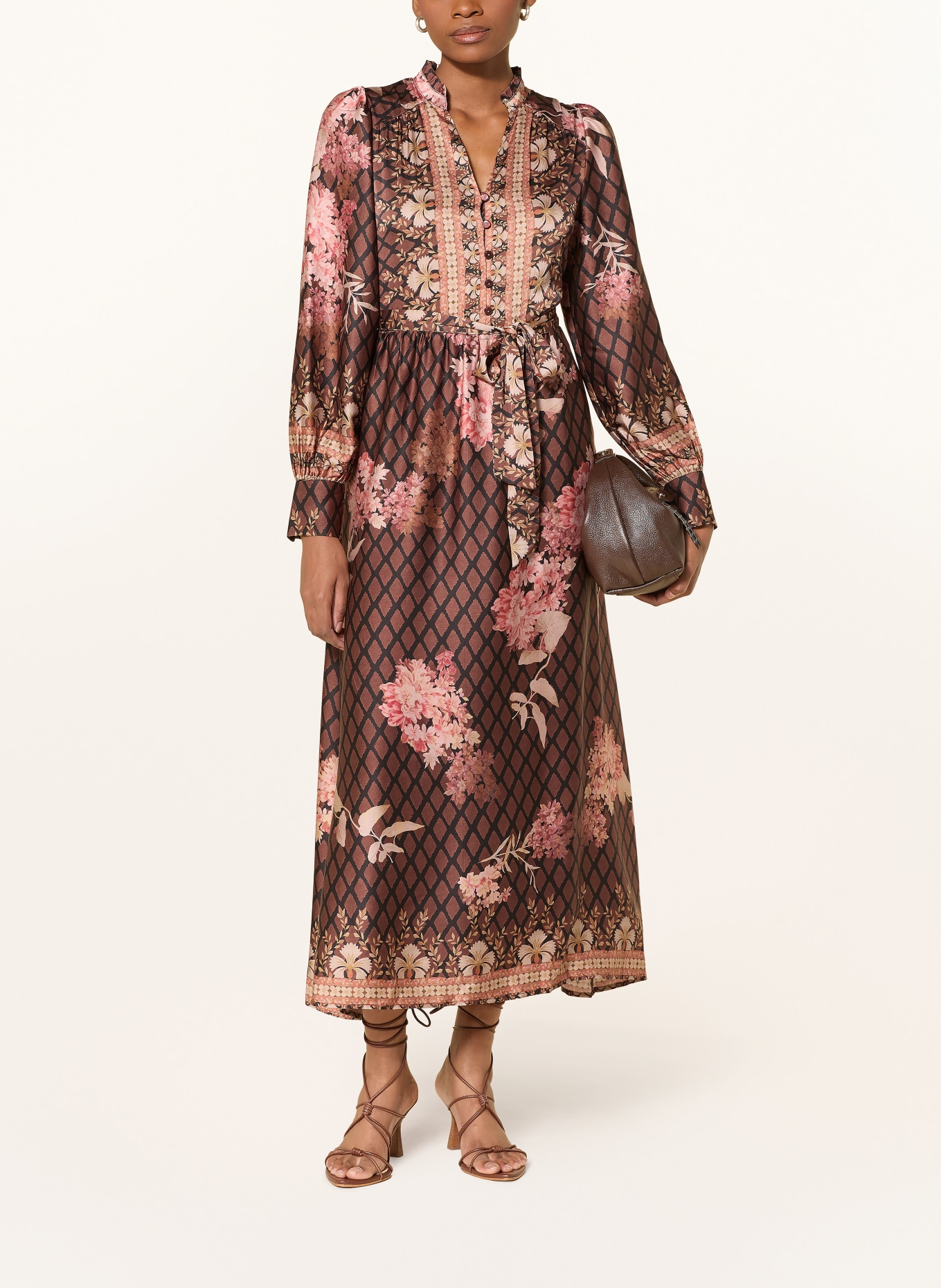 NEO NOIR Satyna sukienka NOVA z falbanami: BRĄZOWY / JASNOBRĄZOWY / BRUDNY RÓŻ