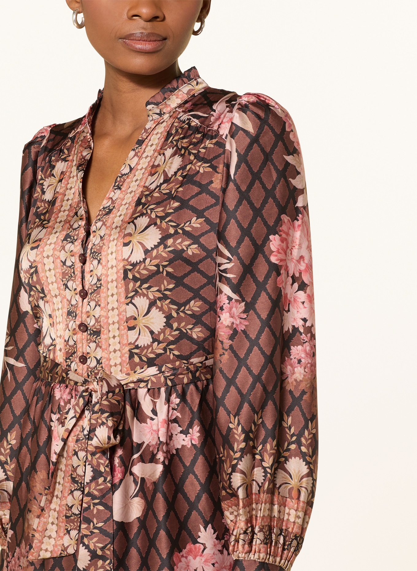 NEO NOIR Satyna sukienka NOVA z falbanami: BRĄZOWY / JASNOBRĄZOWY / BRUDNY RÓŻ