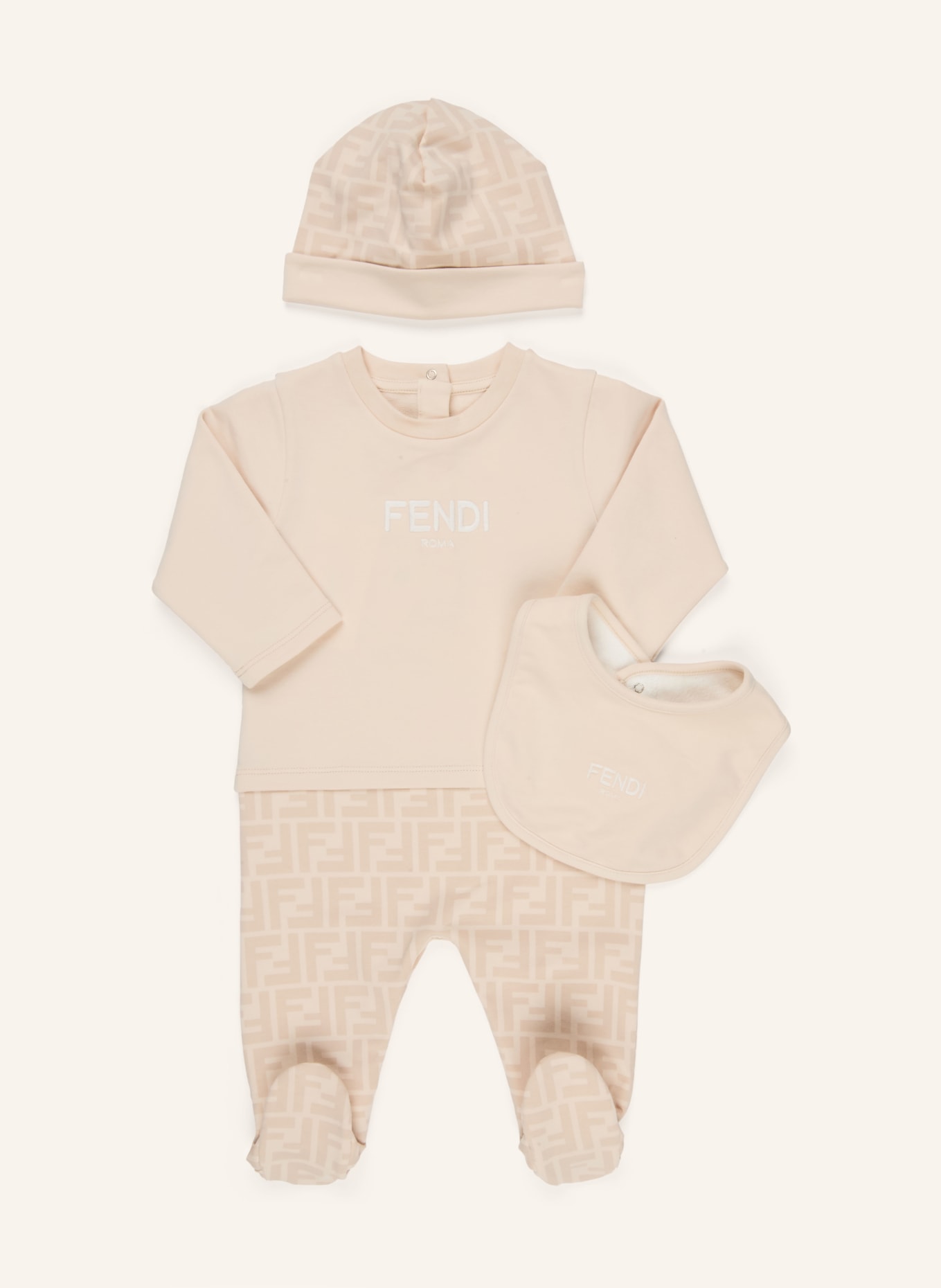 FENDI Set: Strampler, Mütze und Latz: CREME / BEIGE