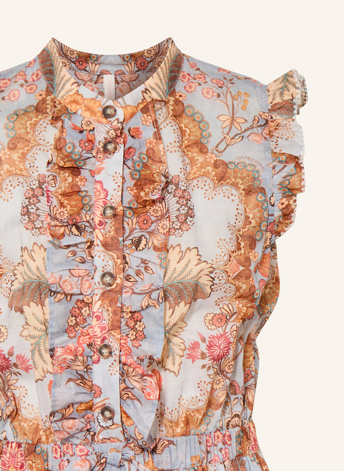 ZIMMERMANN Jumpsuit DAYLIGHT mit Rüschen: HELLBLAU / BRAUN / ALTROSA
