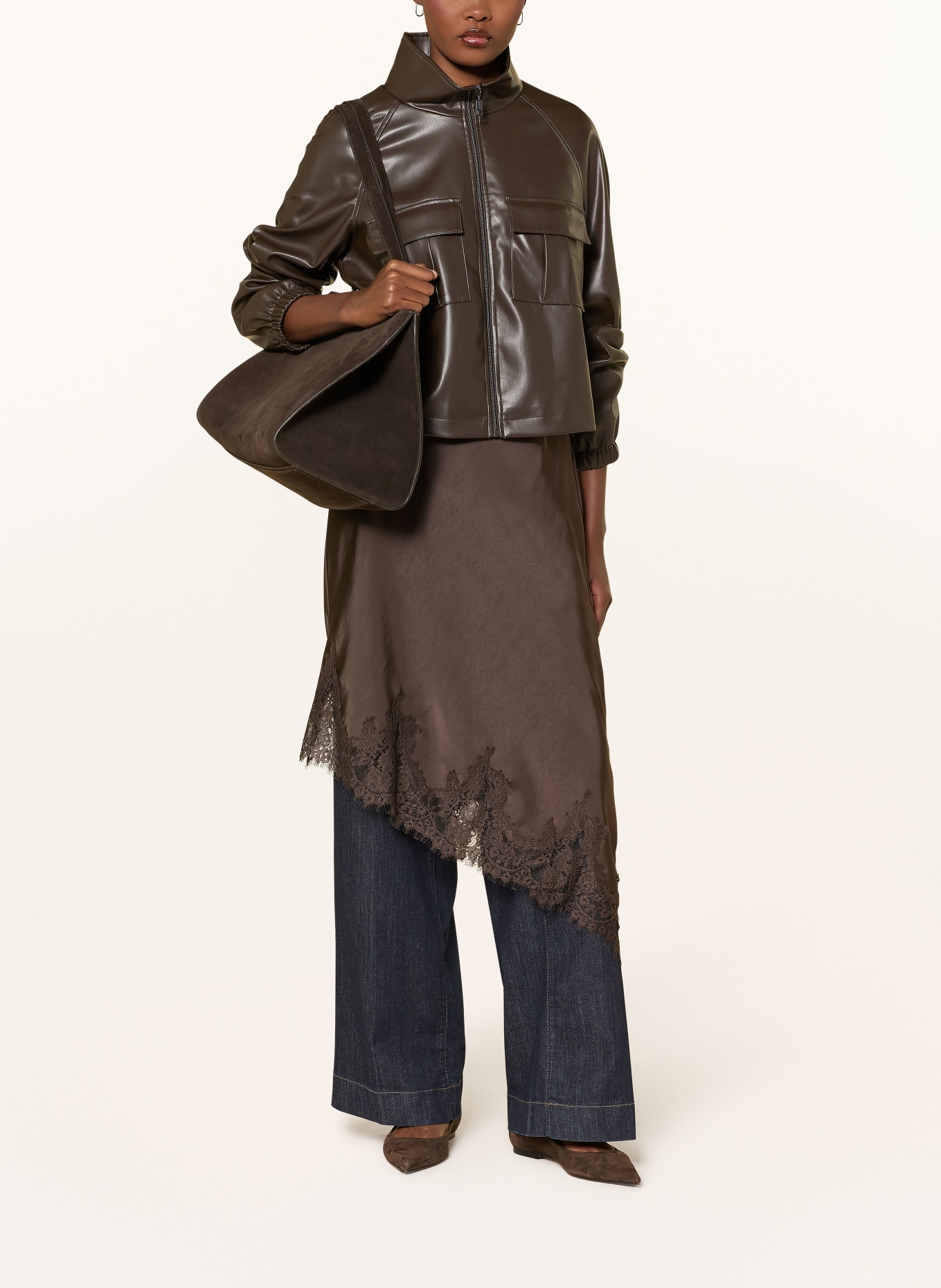 NEO NOIR Satynowa spódnica FIORA z koronką: CIEMNOBRĄZOWY