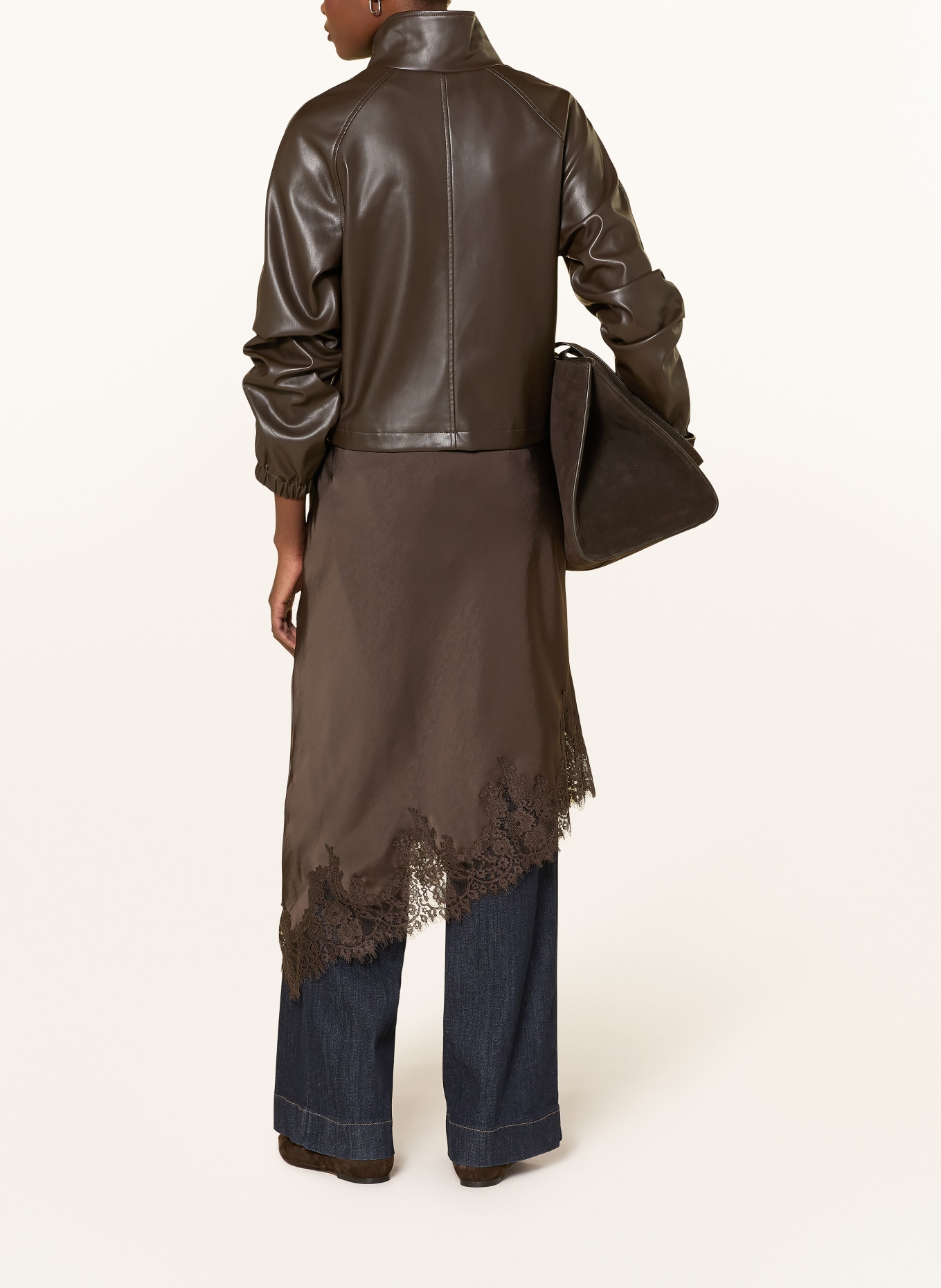 NEO NOIR Satynowa spódnica FIORA z koronką: CIEMNOBRĄZOWY