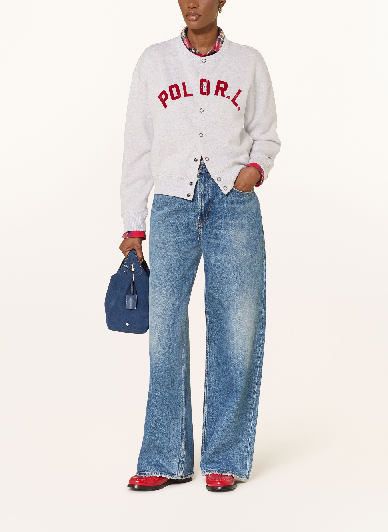 POLO RALPH LAUREN sweat jacket: LIGHT GRAY / RED