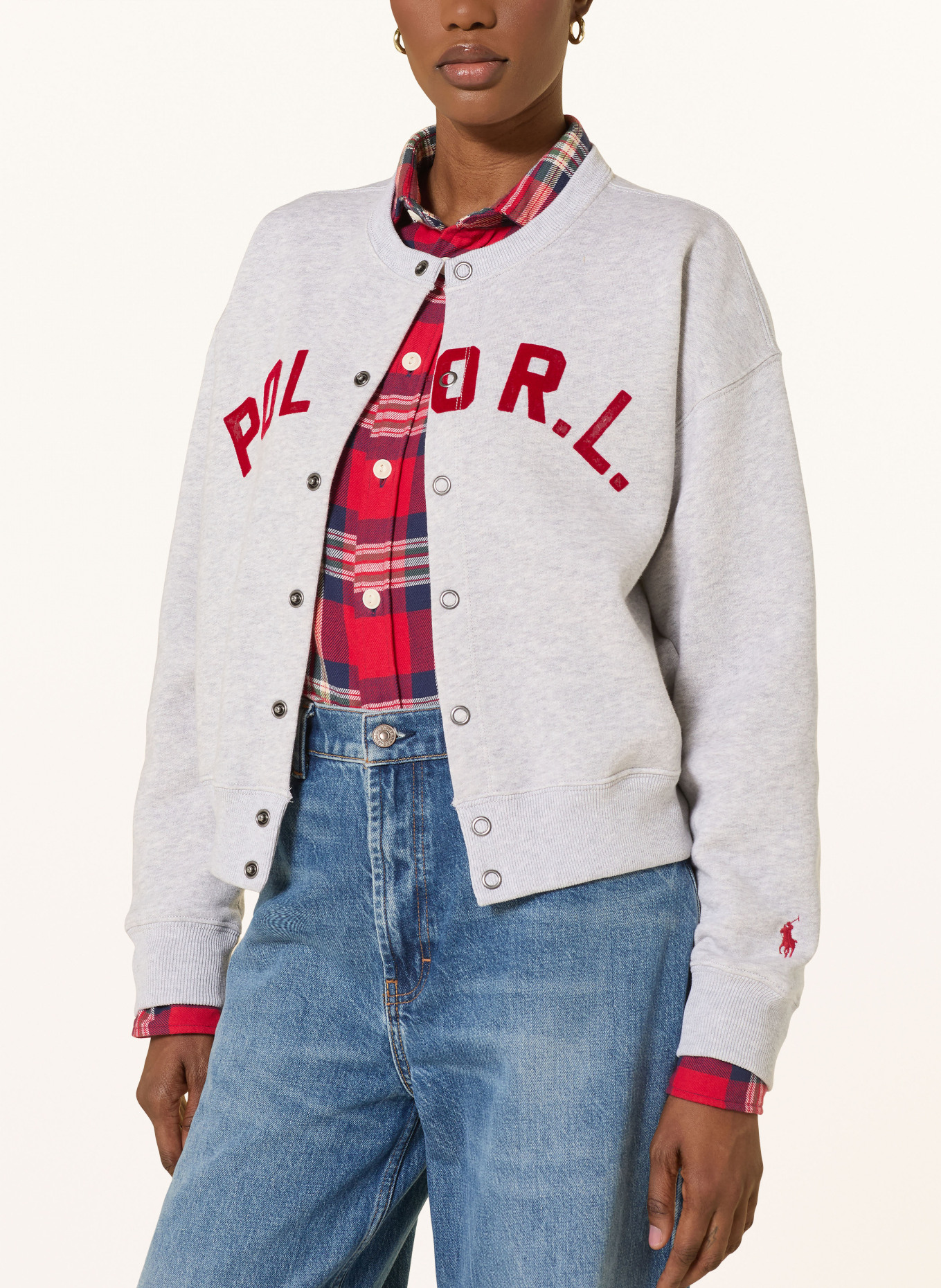 POLO RALPH LAUREN sweat jacket: LIGHT GRAY / RED