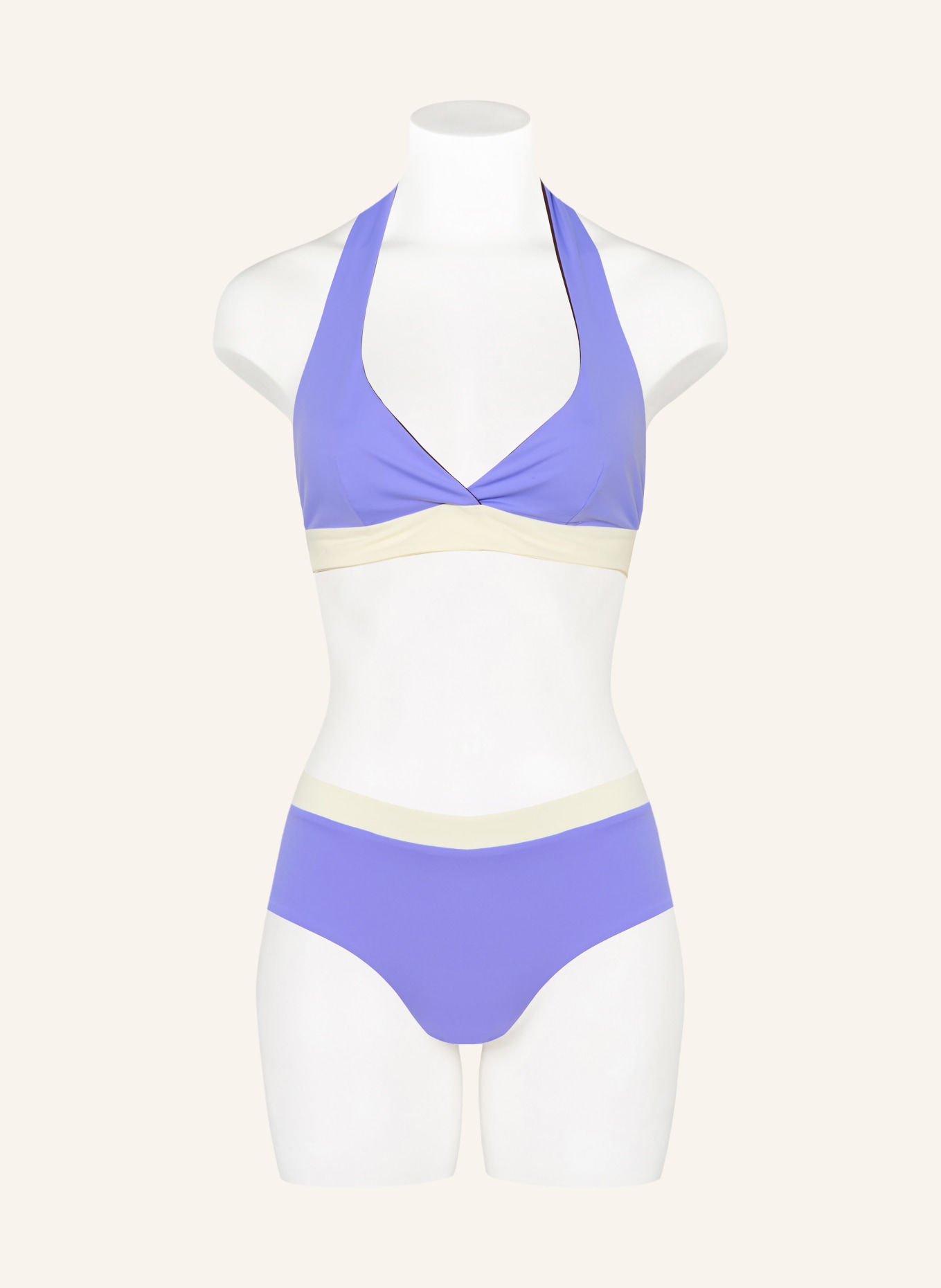 MYMARINI Horní díl bikin se zavazováním okolo krku NECKHOLDER v oboustranném provedení s UV ochranou 50+: SVĚTLE FIALOVÁ / TMAVĚ HNĚDÁ / KRÉMOVÁ