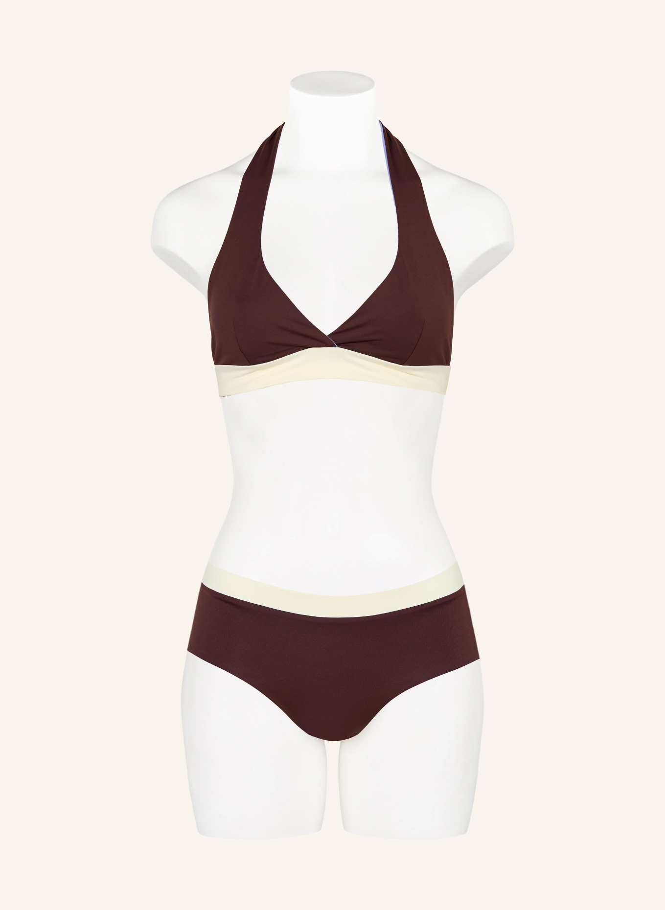 MYMARINI Horní díl bikin se zavazováním okolo krku NECKHOLDER v oboustranném provedení s UV ochranou 50+: SVĚTLE FIALOVÁ / TMAVĚ HNĚDÁ / KRÉMOVÁ