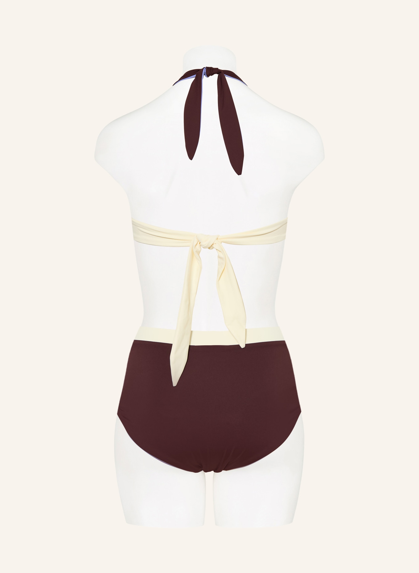 MYMARINI Horní díl bikin se zavazováním okolo krku NECKHOLDER v oboustranném provedení s UV ochranou 50+: SVĚTLE FIALOVÁ / TMAVĚ HNĚDÁ / KRÉMOVÁ