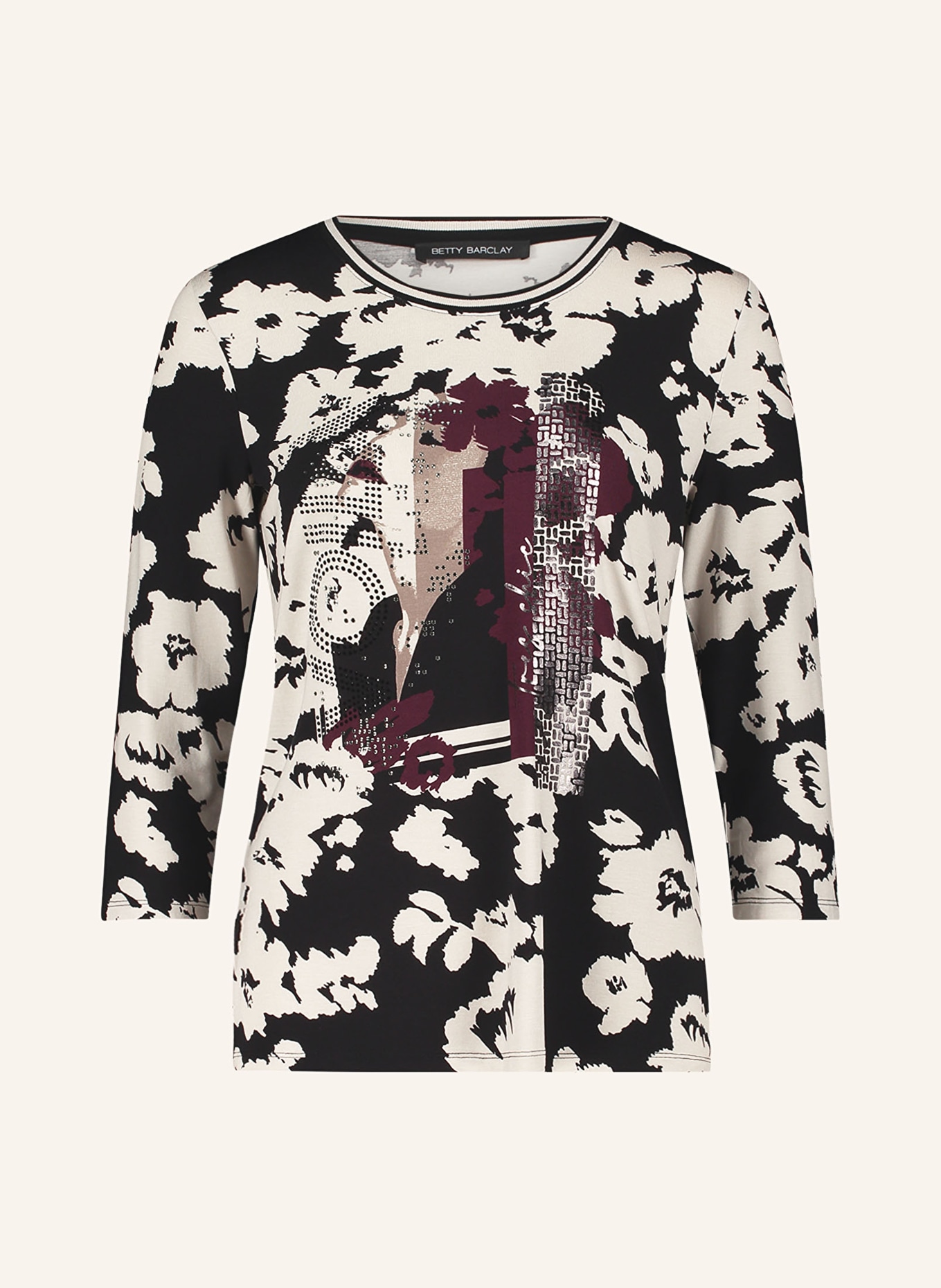 Betty Barclay Shirt mit 3/4-Arm und Schmucksteinen: SCHWARZ / CREME / DUNKELLILA