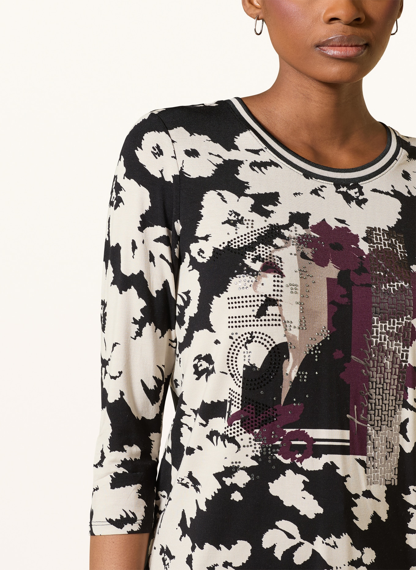 Betty Barclay Shirt mit 3/4-Arm und Schmucksteinen: SCHWARZ / CREME / DUNKELLILA