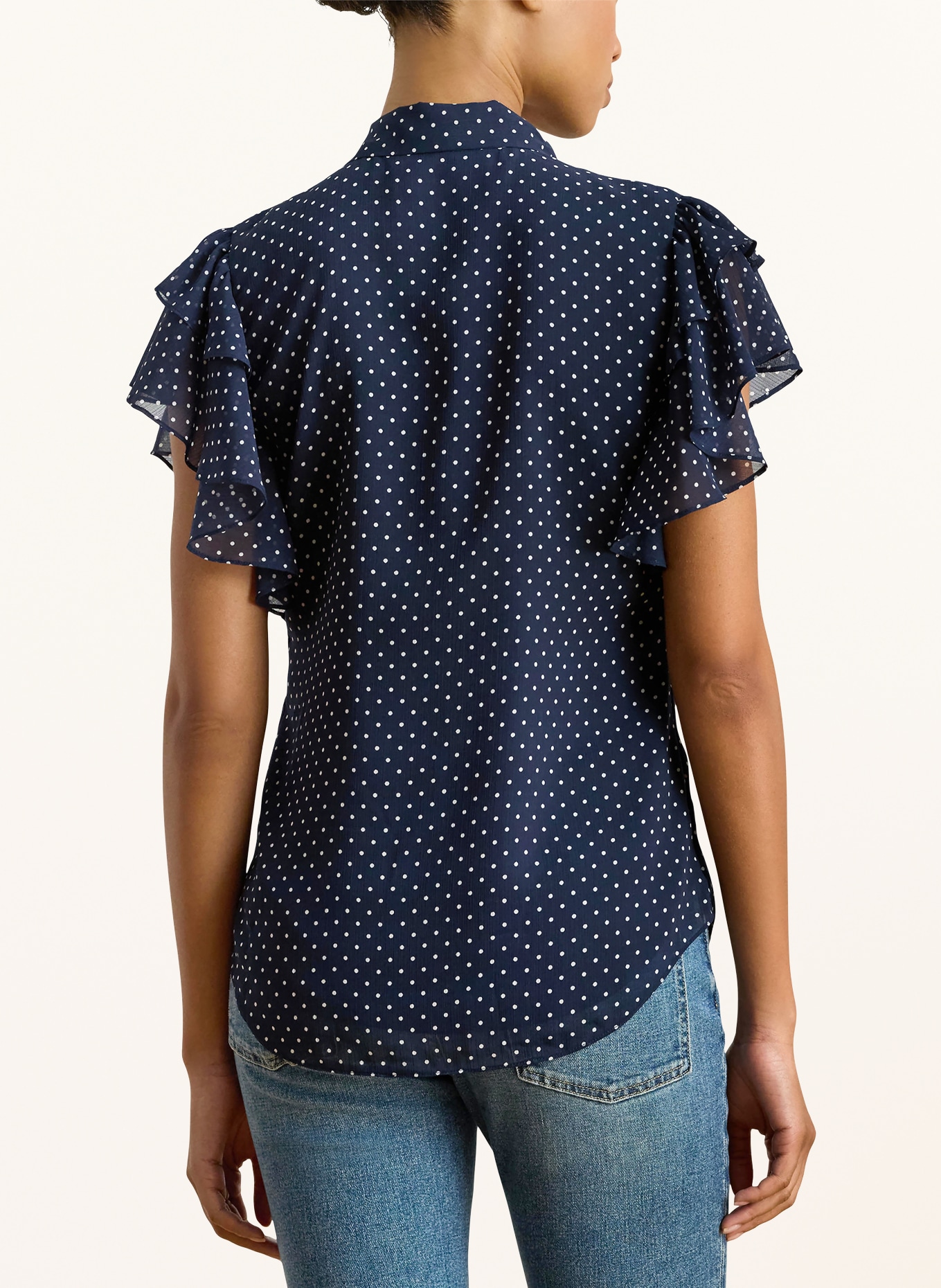 LAUREN RALPH LAUREN Schluppenbluse mit Volants: DUNKELBLAU / WEISS