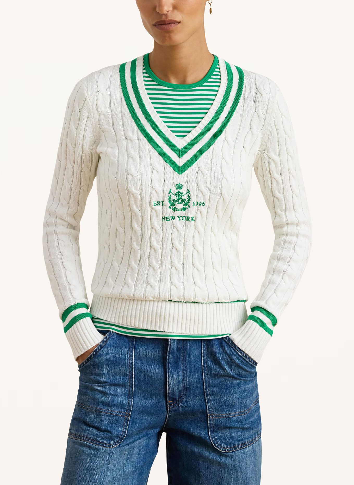 LAUREN RALPH LAUREN Pullover: WEISS / GRÜN