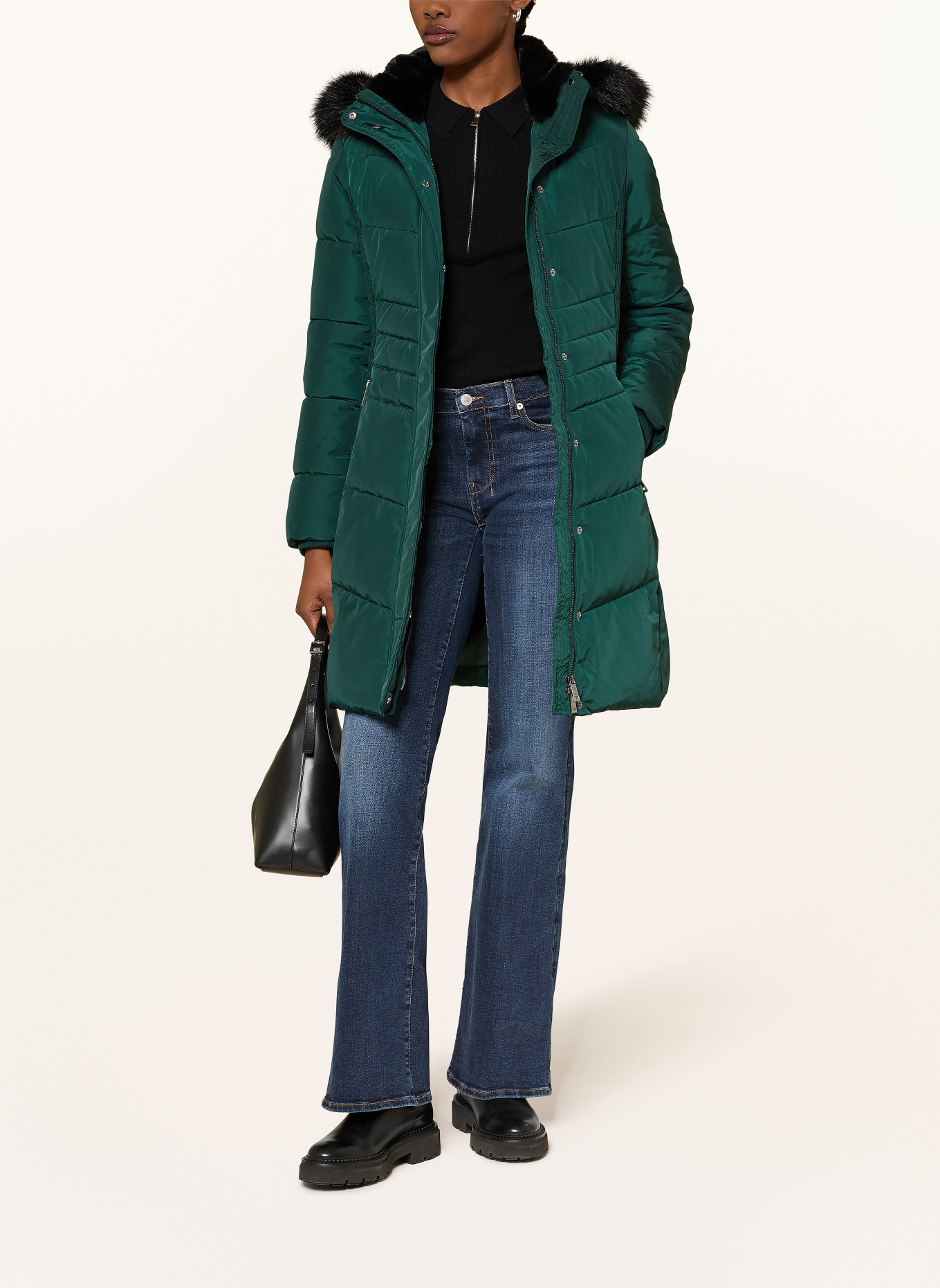 HOBBS Quilted coat with faux fur and detachable hood: DARK GREEN / BLACK