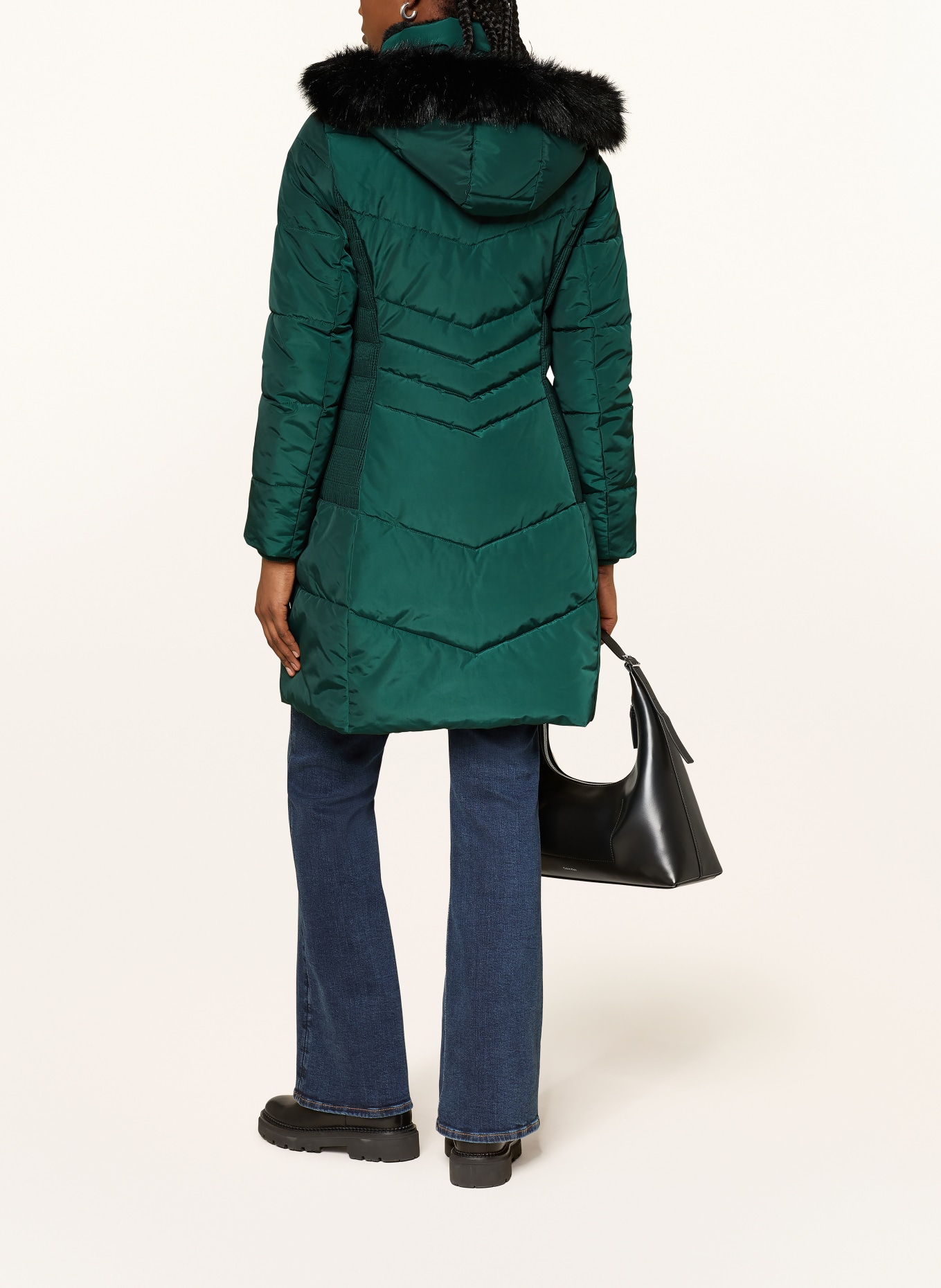 HOBBS Quilted coat with faux fur and detachable hood: DARK GREEN / BLACK