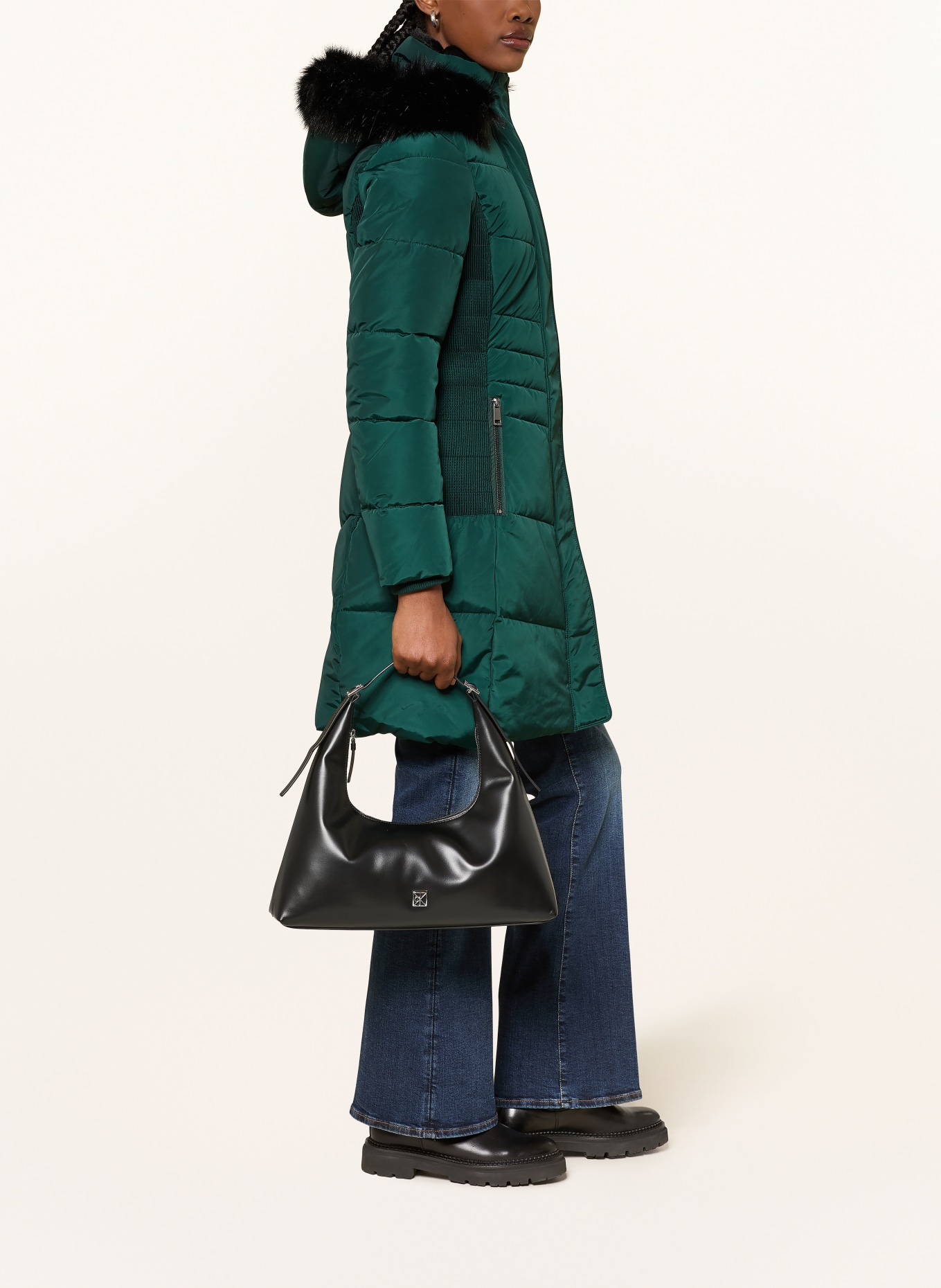 HOBBS Quilted coat with faux fur and detachable hood: DARK GREEN / BLACK