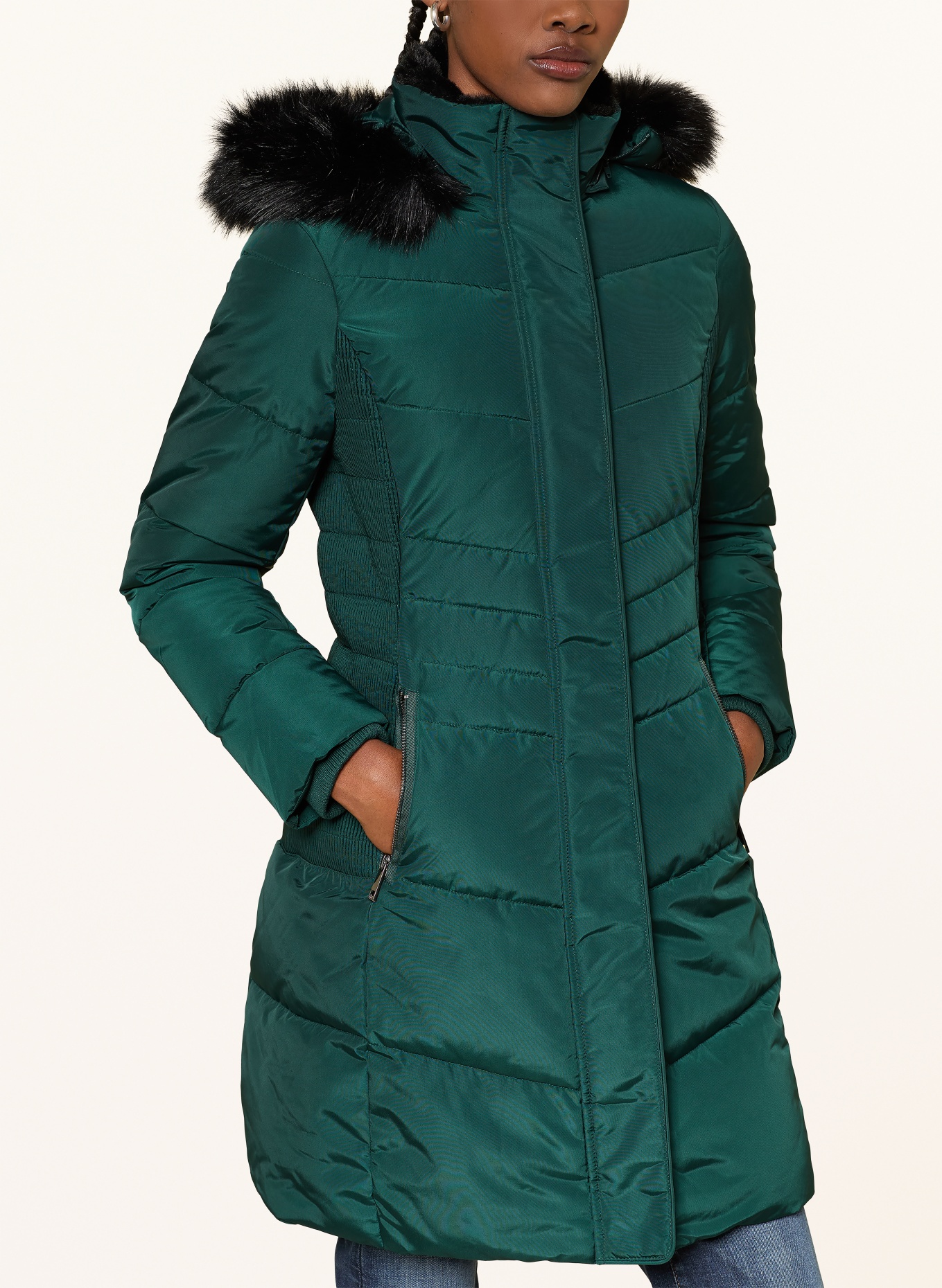 HOBBS Quilted coat with faux fur and detachable hood: DARK GREEN / BLACK
