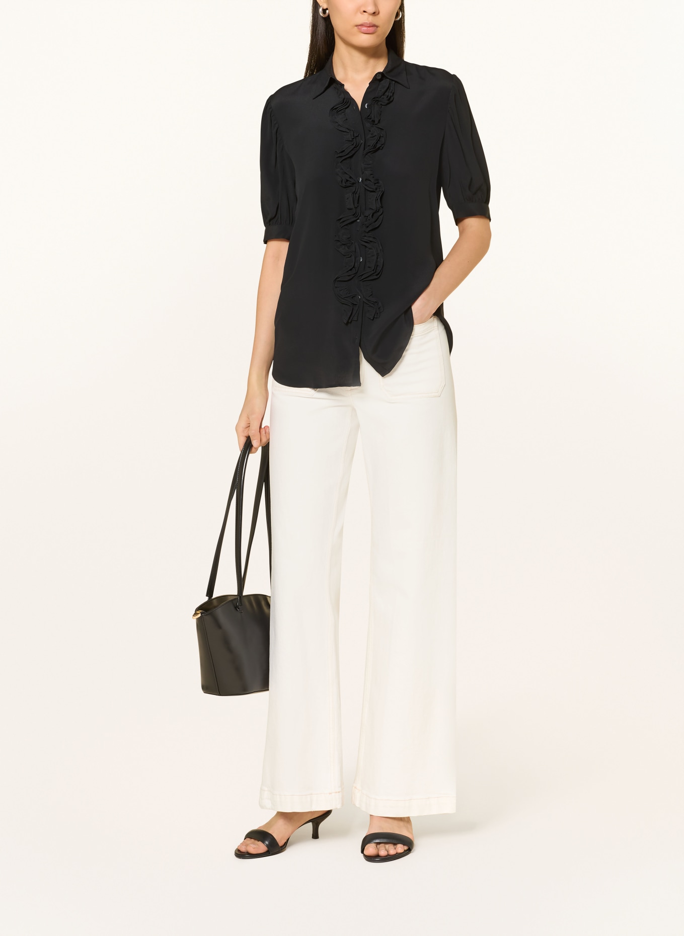 ÉMANOU Bluzka koszulowa SHIRLEY z jedwabiem i falbanami: CZARNY