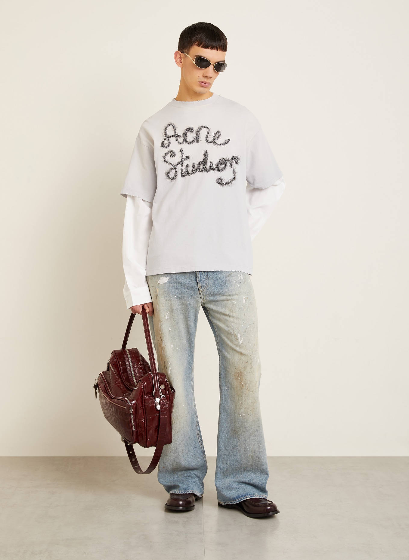 Acne Studios Longsleeve mit Glitzergarn: HELLGRAU / ECRU