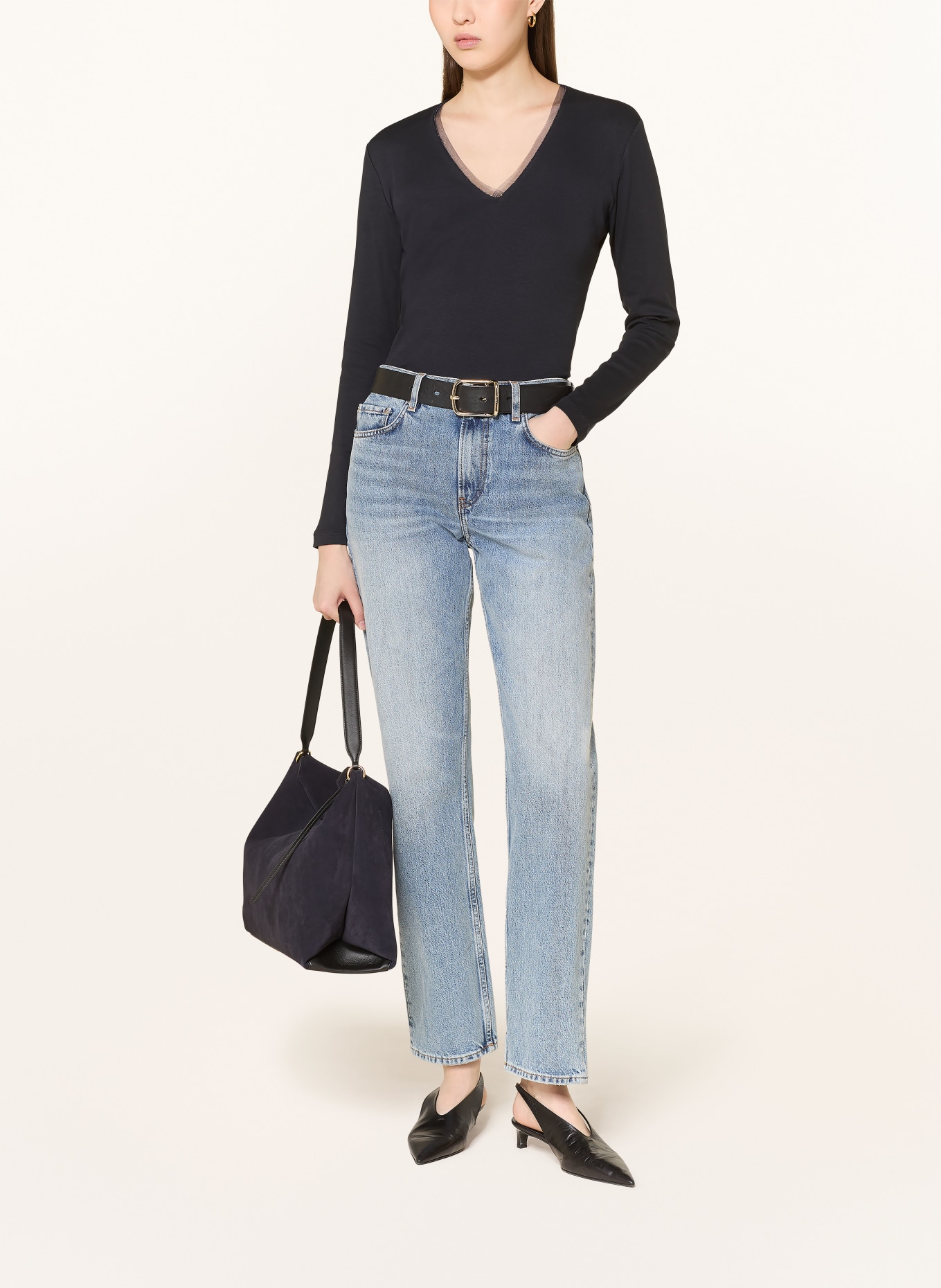 FABIANA FILIPPI Longsleeve mit Schmuckperlen: DUNKELBLAU