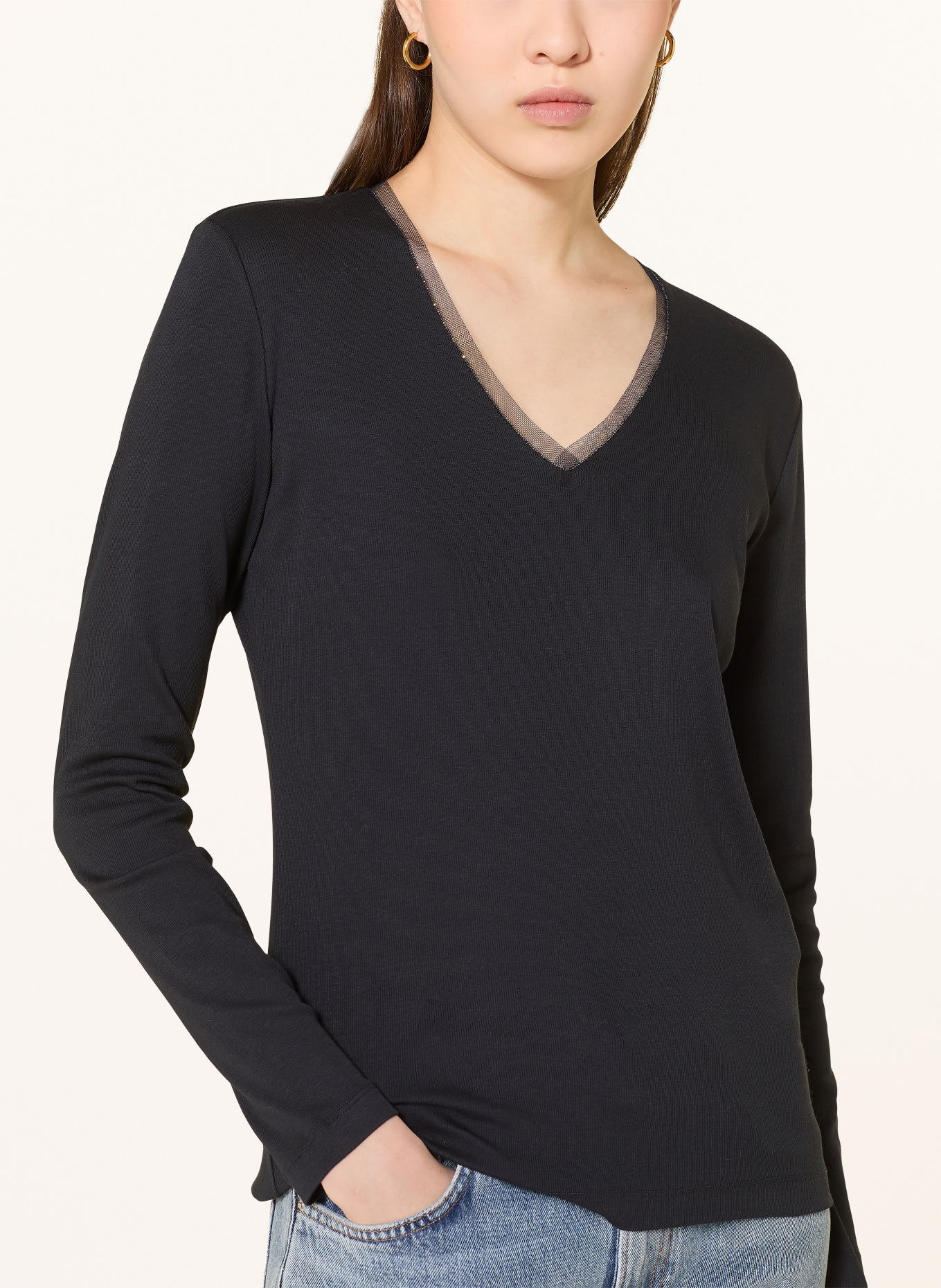 FABIANA FILIPPI Longsleeve mit Schmuckperlen: DUNKELBLAU