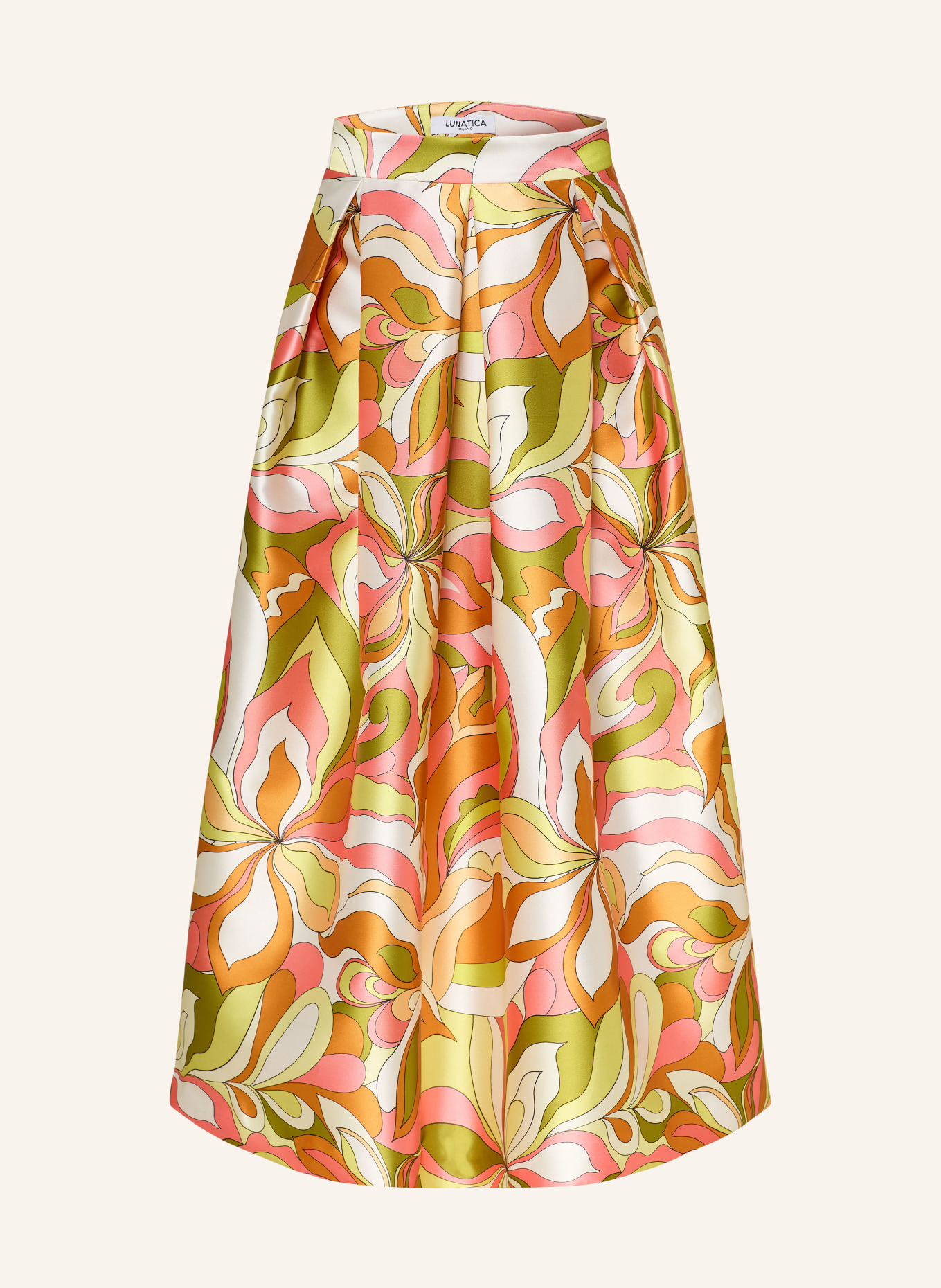 LUNATICA MILANO saténová sukně: KRÉMOVÁ / ORANŽOVÁ / ZELENÁ