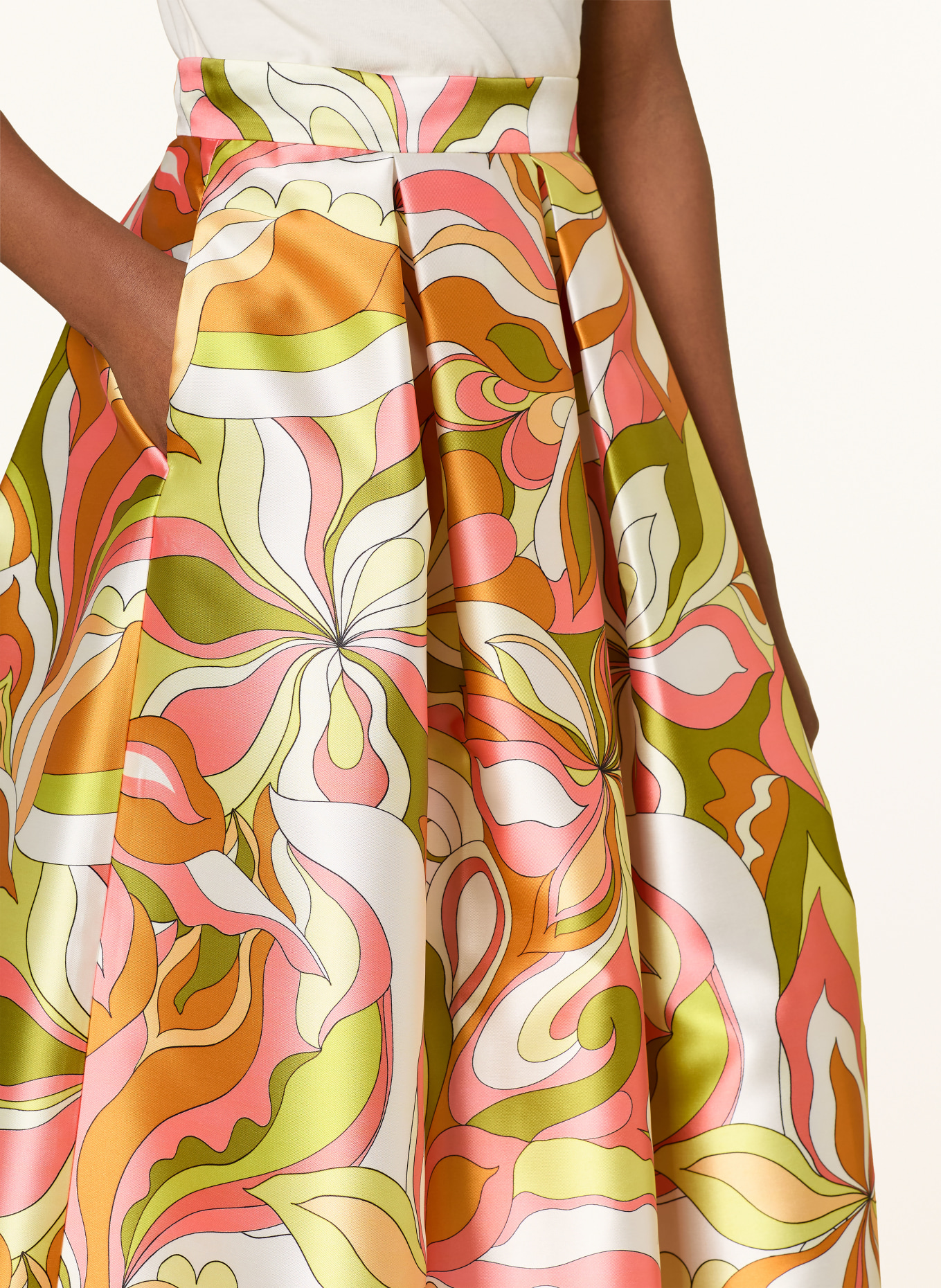 LUNATICA MILANO saténová sukně: KRÉMOVÁ / ORANŽOVÁ / ZELENÁ