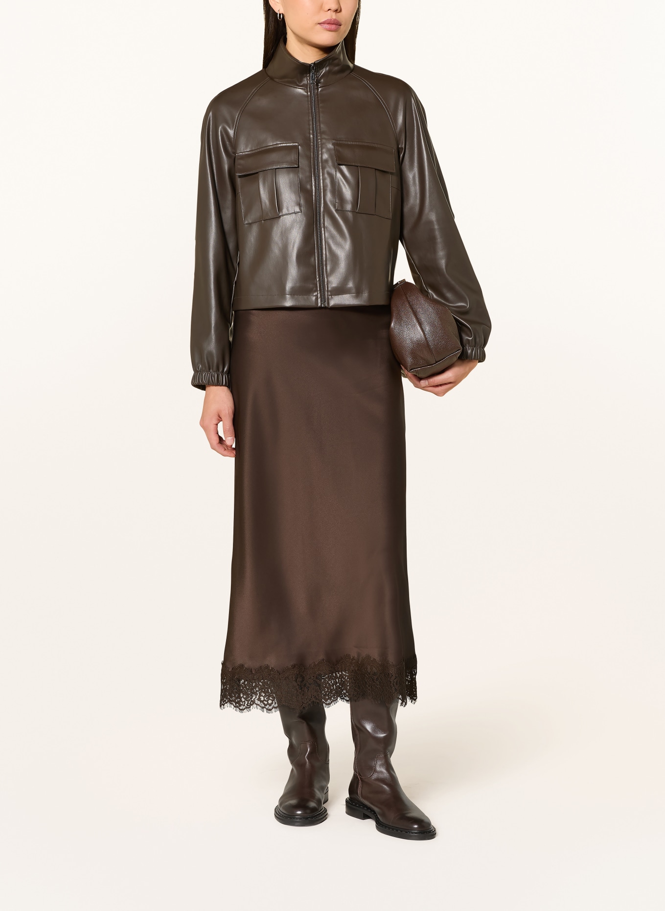 darling harbour Saténová sukně s krajkou: DARK BROWN