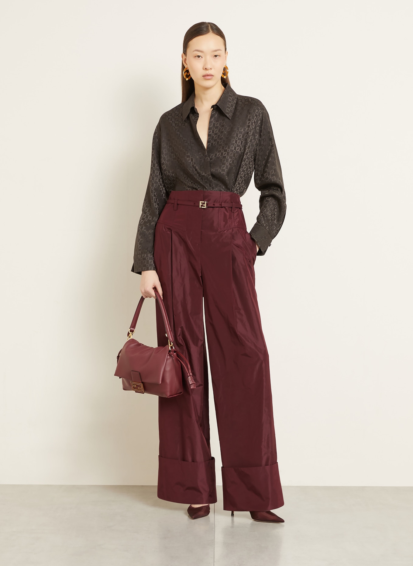 FENDI Merlenehose aus Seide: DUNKELROT