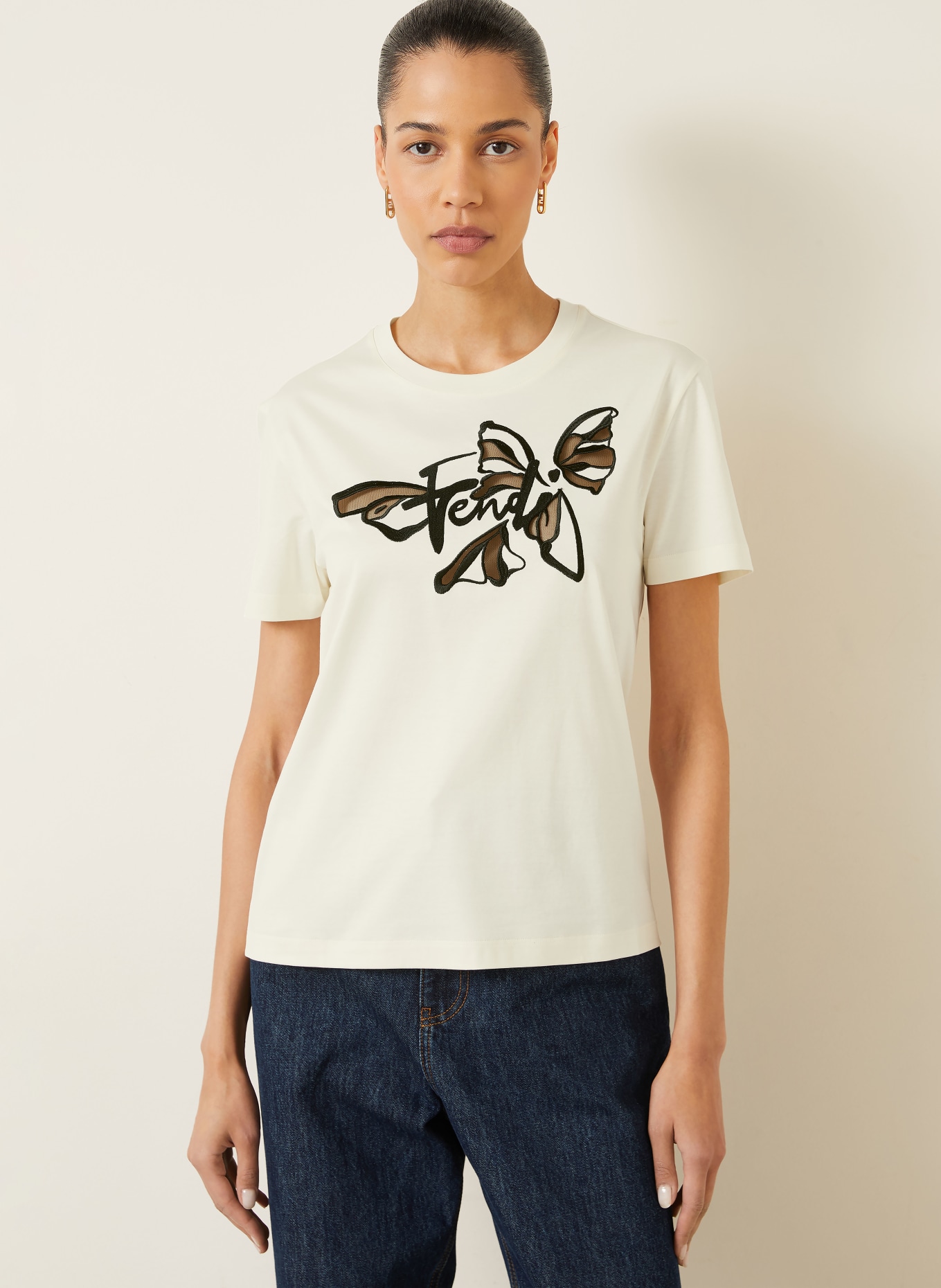 FENDI T-shirt with embroidery: CREAM / BLACK