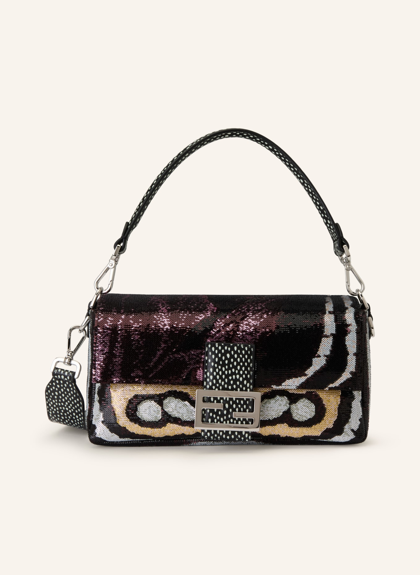FENDI Handtasche BAGUETTE mit Pailletten: SCHWARZ / BEIGE / LILA