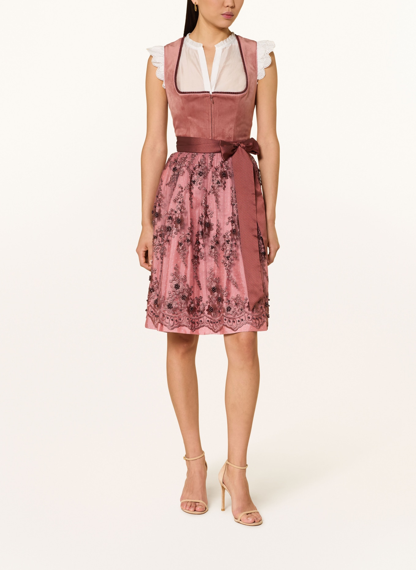 KRÜGER Dirndl KAELYN with decorative pearls: LIGHT RED / BROWN