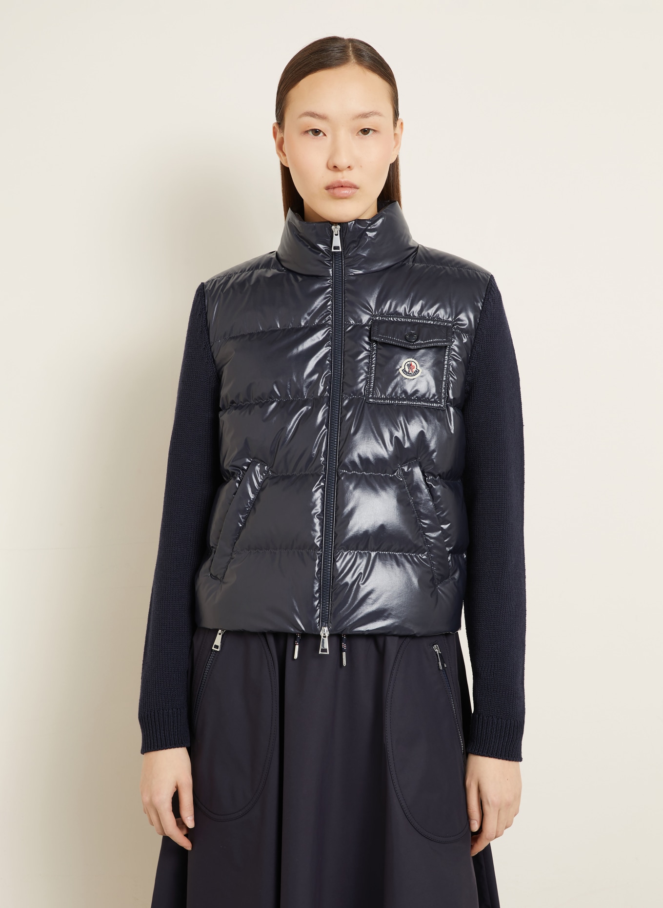MONCLER Strickjacke im Materialmix: DUNKELBLAU