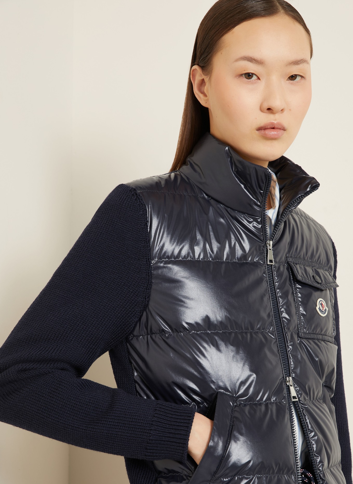 MONCLER Strickjacke im Materialmix: DUNKELBLAU