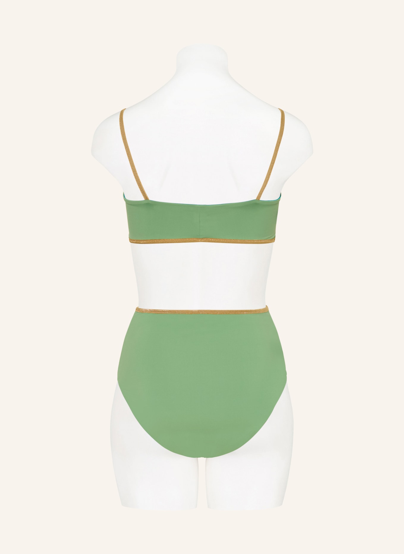 MYMARINI Odwracalne figi bikini SHINE z wysokim stanem i ochroną UV 50+: TURKUSOWY / ZŁOTY / JASNOZIELONY