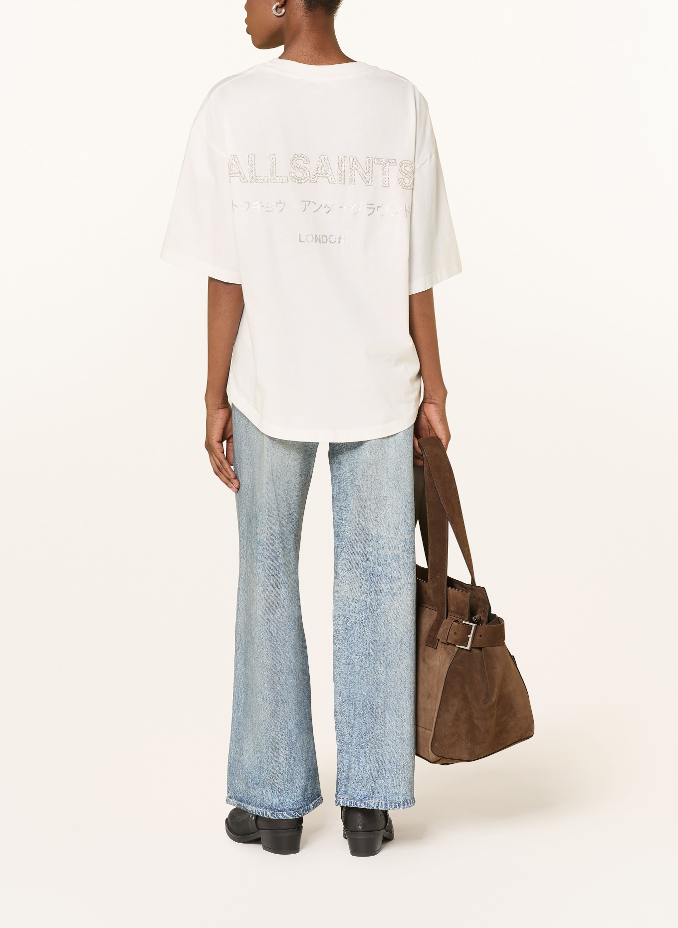 ALLSAINTS T-Shirt UNDER AMELIE mit Schmucksteinen: WEISS / HELLGRAU