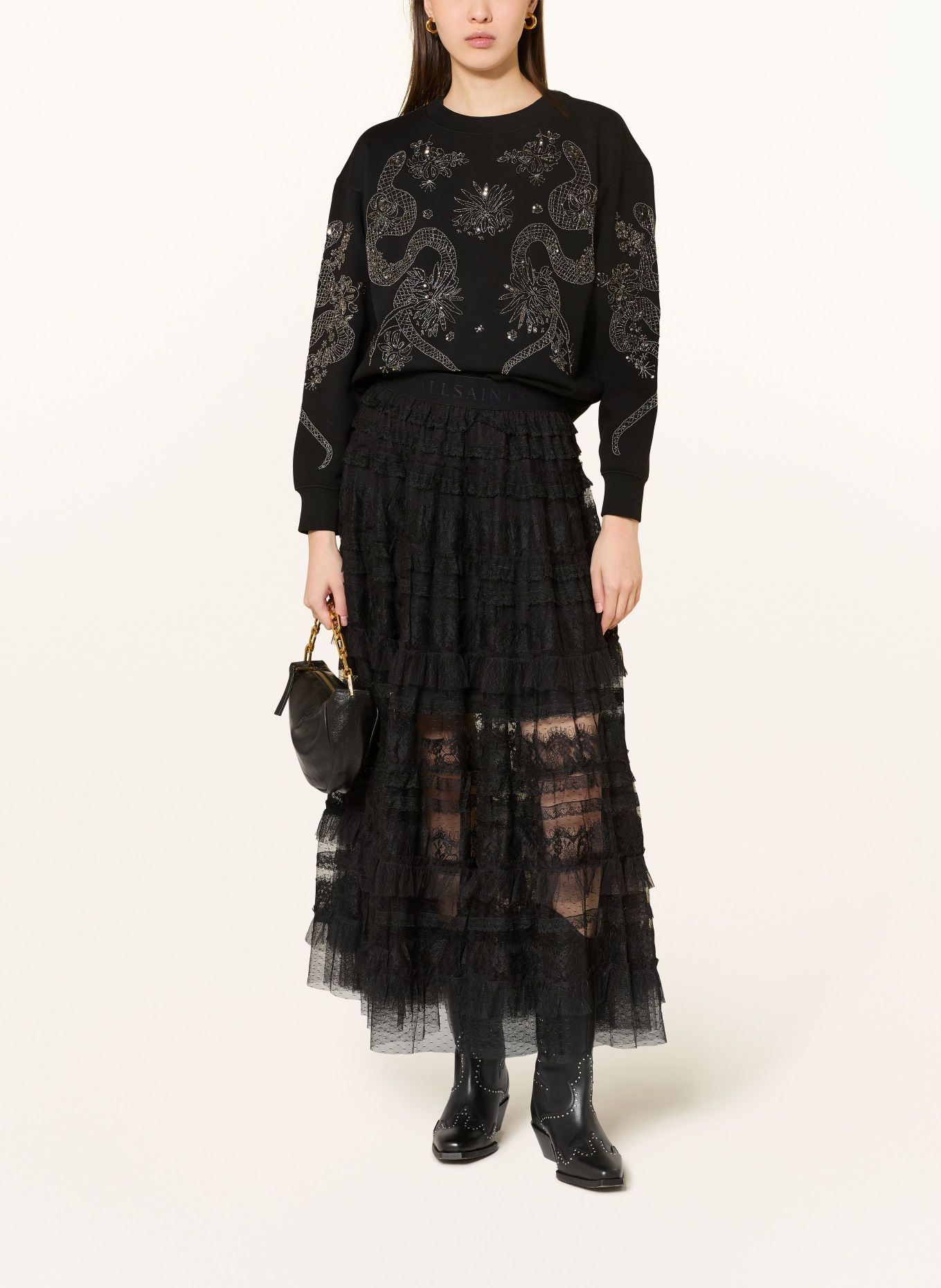 ALLSAINTS Sweatshirt CECILE PIPPA mit Schmuckperlen und Pailletten: SCHWARZ / PLATIN