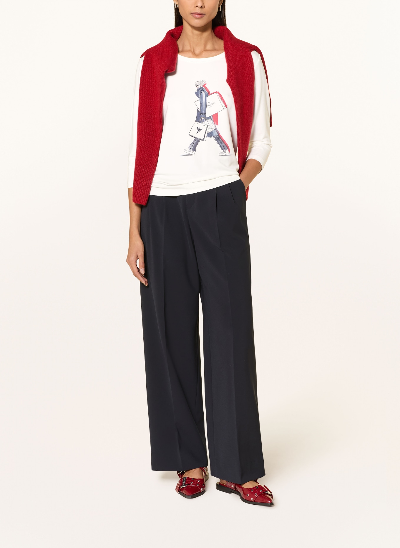 monari Longsleeve mit 3/4-Arm und Schmucksteinen: WEISS / GRAU / ROT